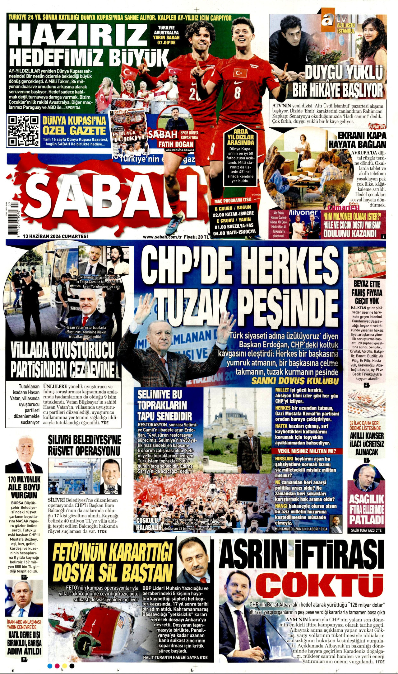 SABAH gazetesinin 13 Haziran 2026 tarihli birinci sayfası