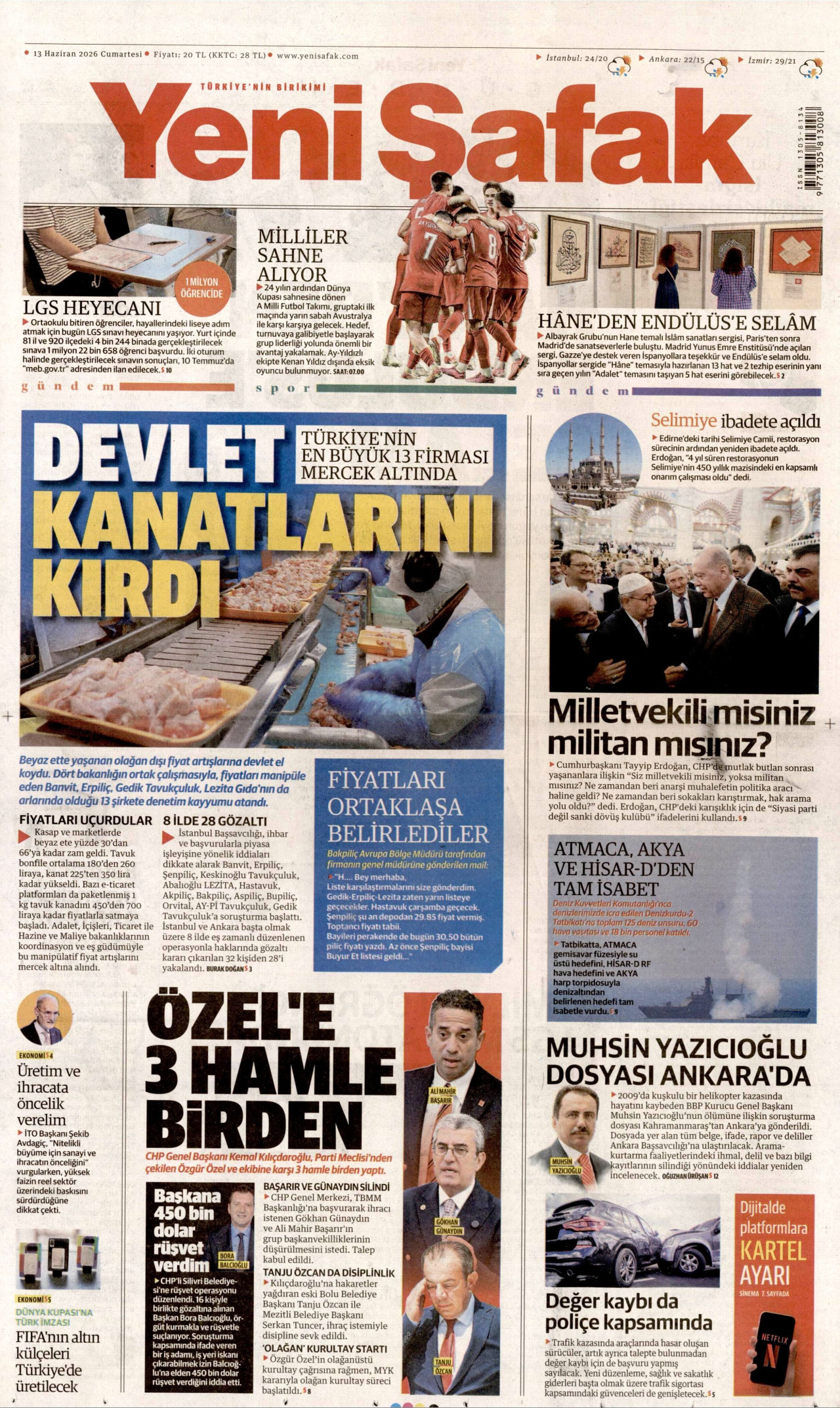 YENİ ŞAFAK gazetesinin 13 Haziran 2026 tarihli birinci sayfası