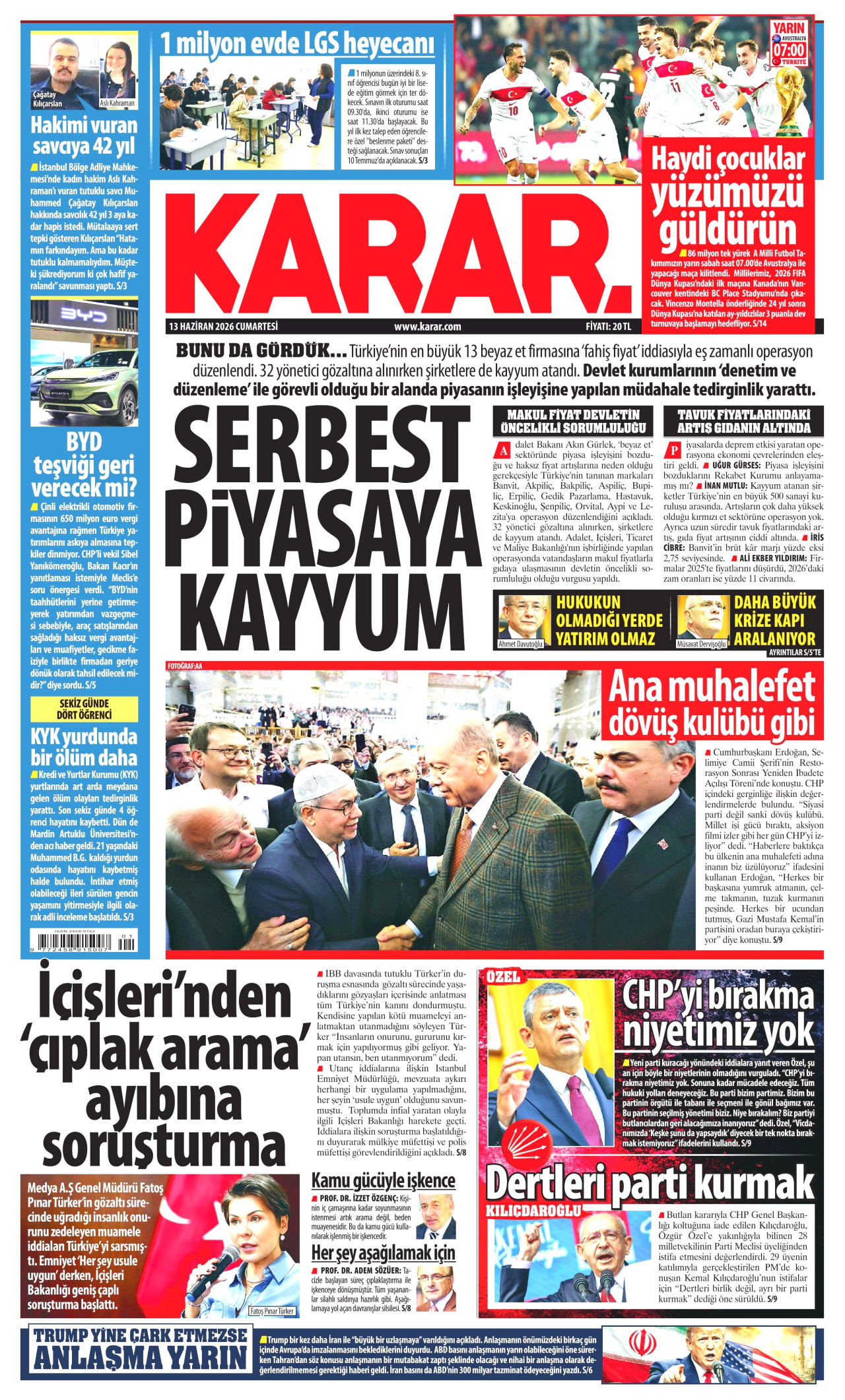 KARAR gazetesinin 13 Haziran 2026 tarihli birinci sayfası