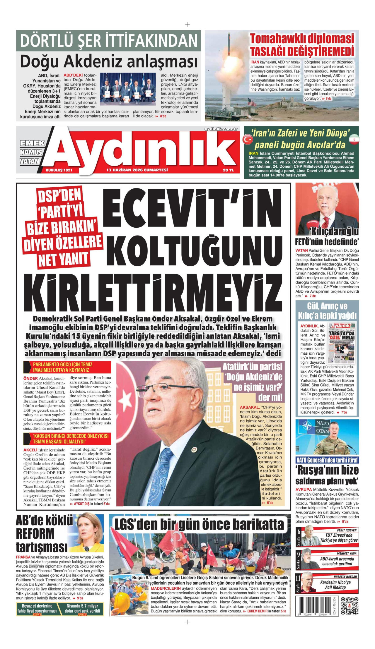 AYDINLIK GAZETESİ gazetesinin 13 Haziran 2026 tarihli birinci sayfası