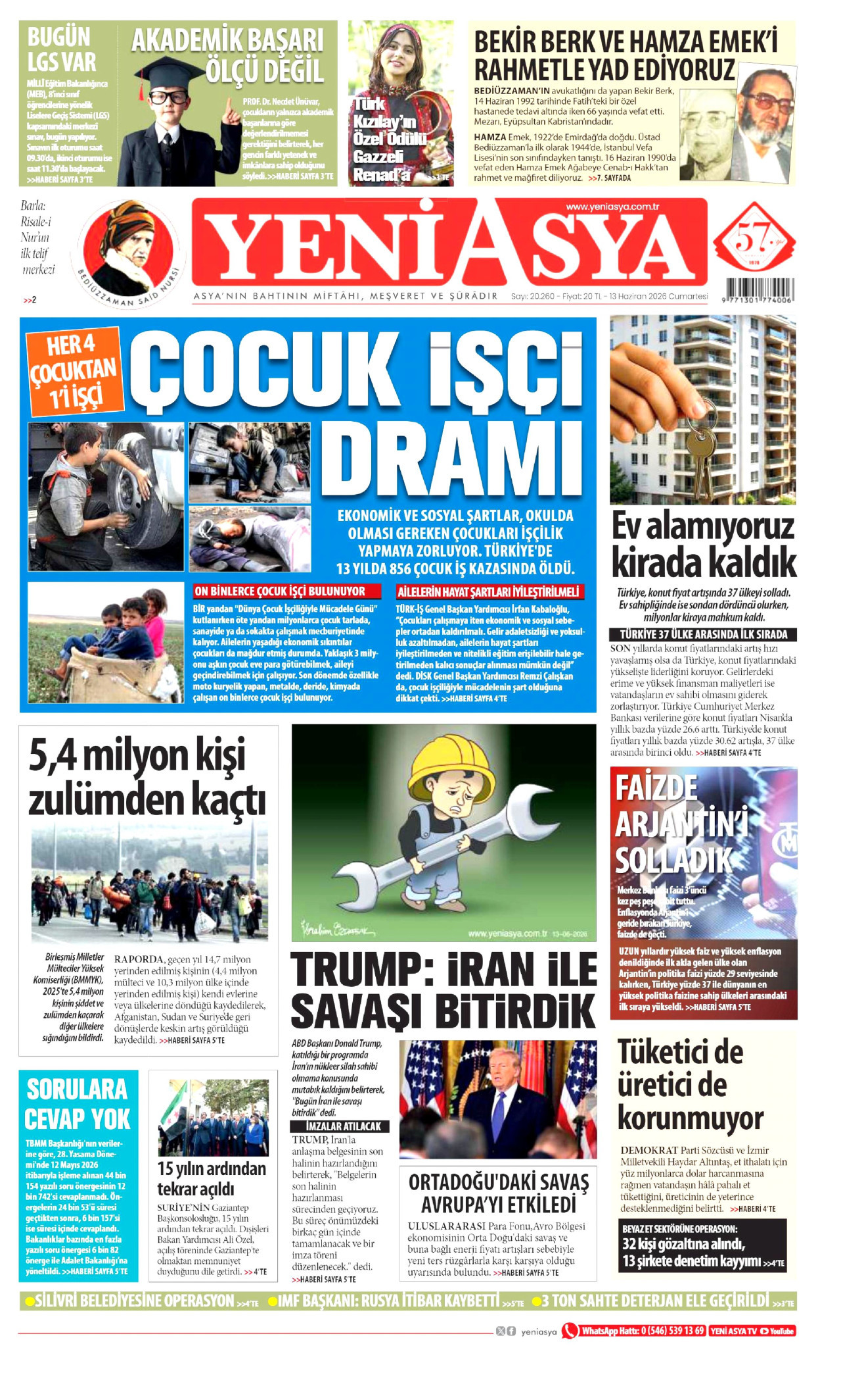 YENİ ASYA gazetesinin 13 Haziran 2026 tarihli birinci sayfası