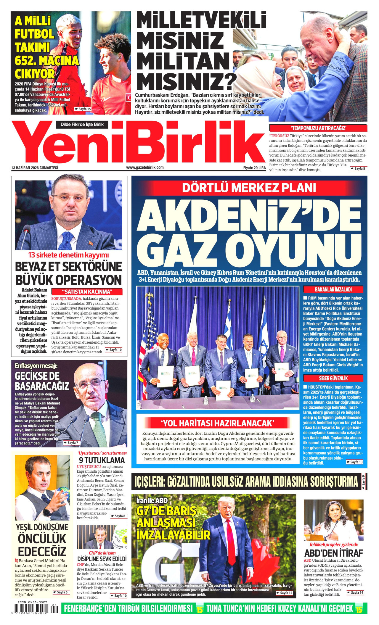 YENİBİRLİK gazetesinin 13 Haziran 2026 tarihli birinci sayfası