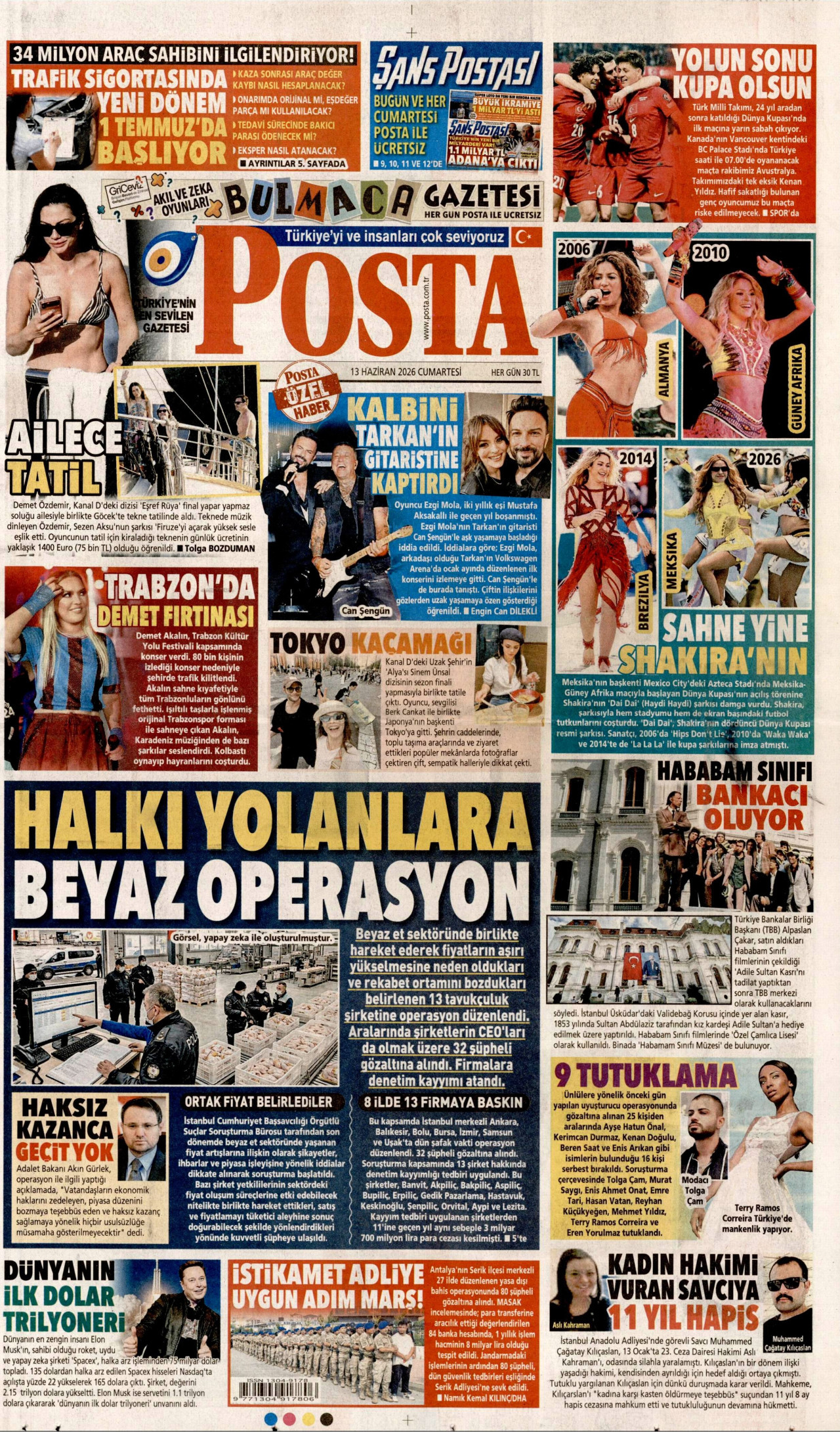 POSTA gazetesinin 13 Haziran 2026 tarihli birinci sayfası