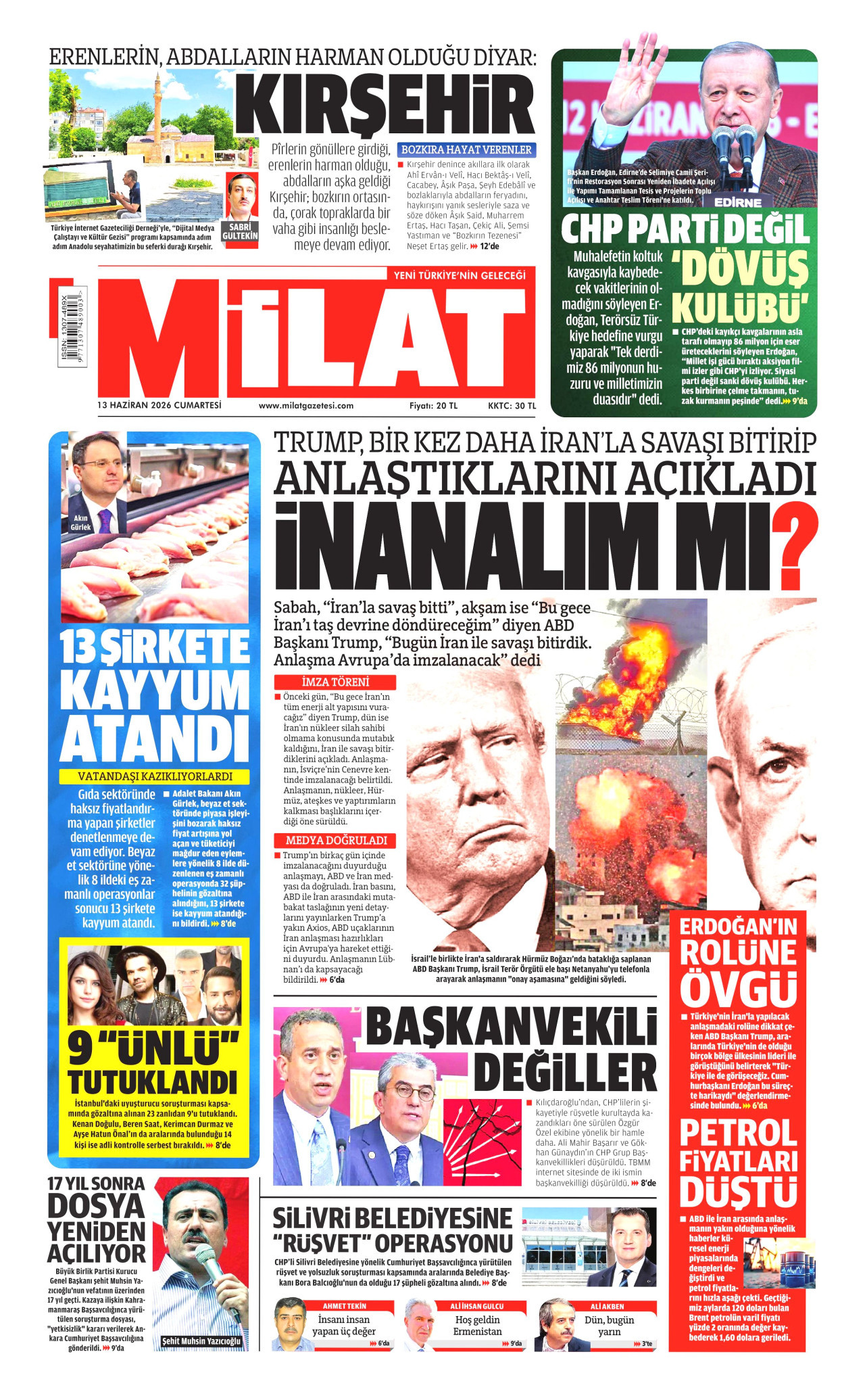MİLAT gazetesinin 13 Haziran 2026 tarihli birinci sayfası