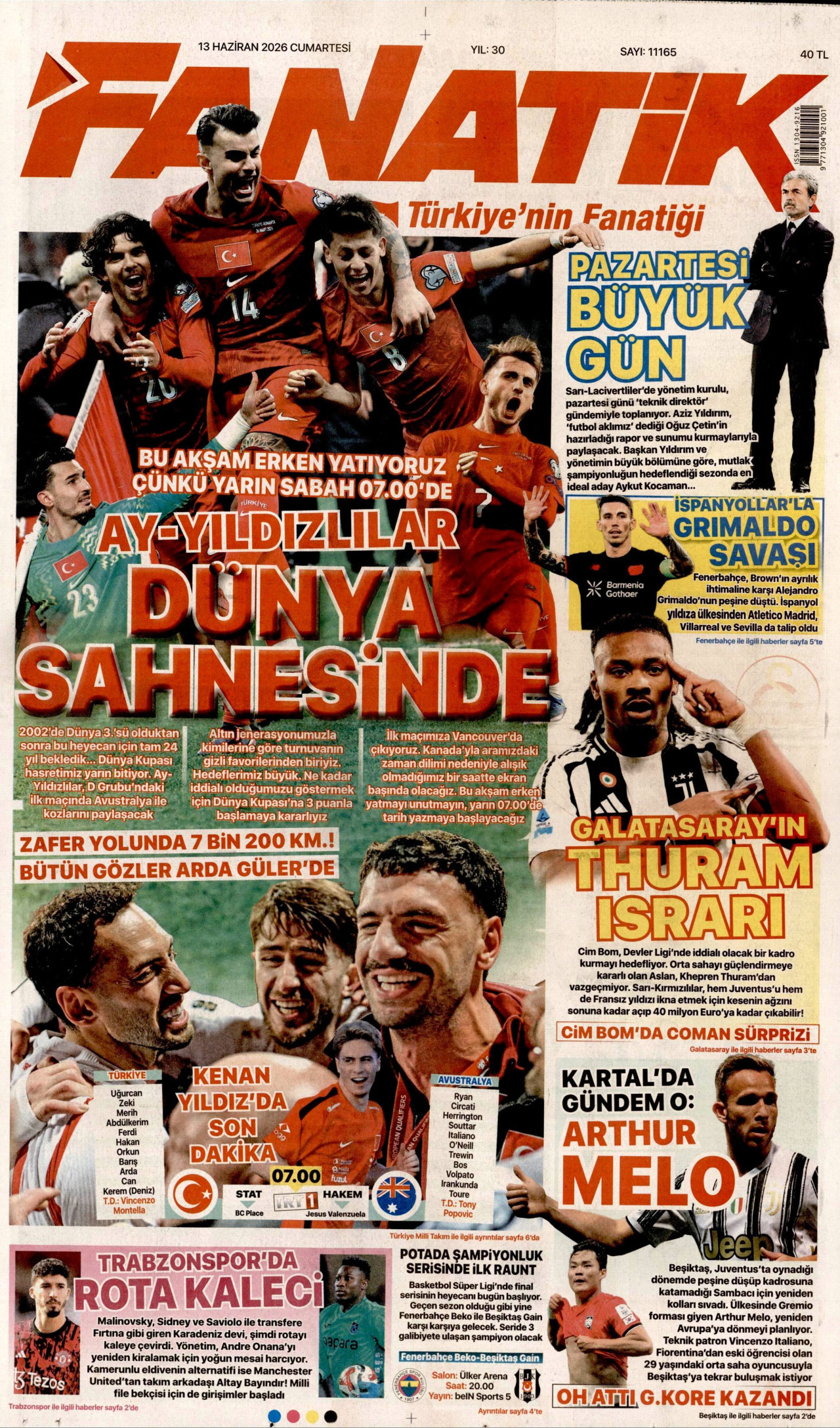 FANATİK gazetesinin 13 Haziran 2026 tarihli birinci sayfası