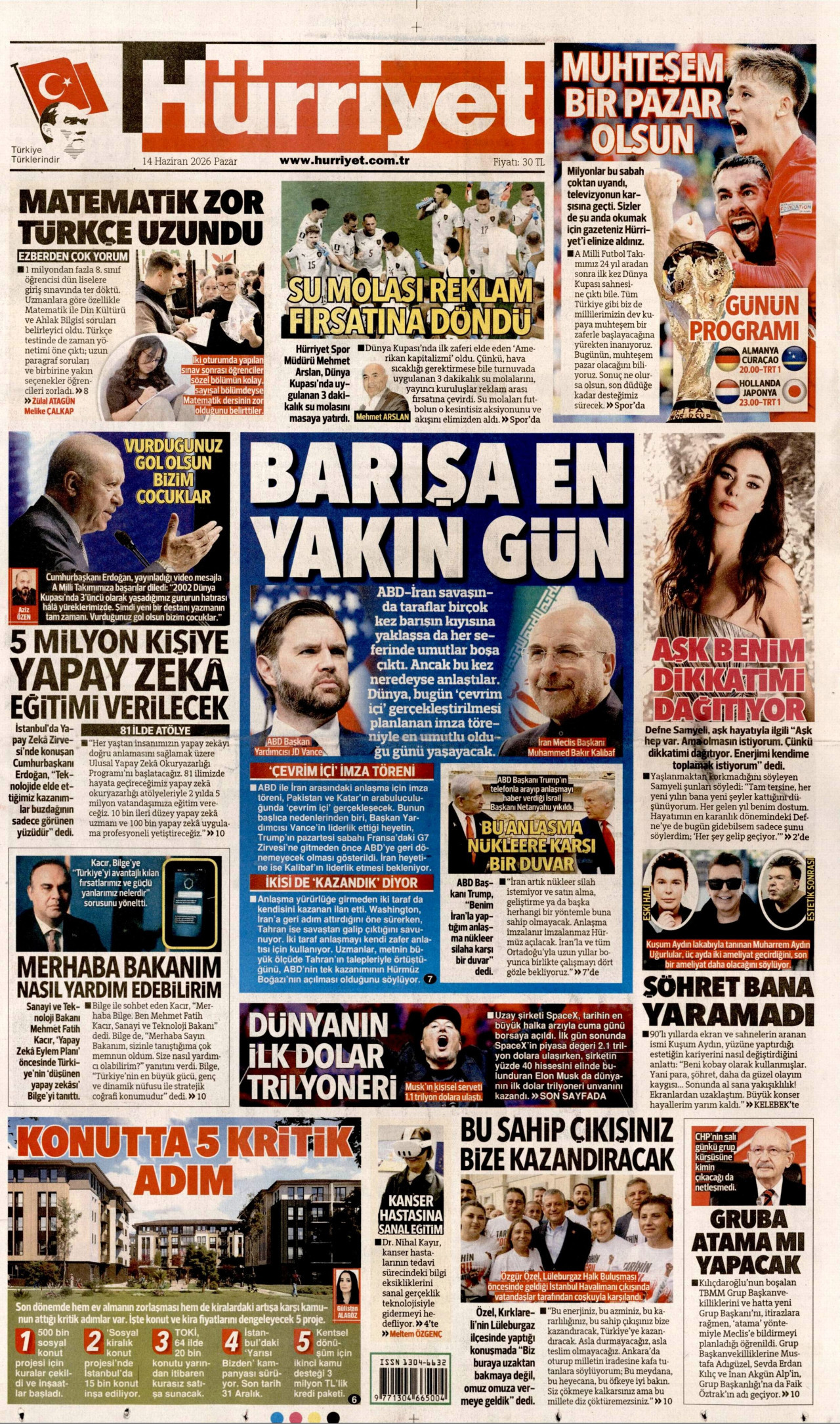 HÜRRİYET gazetesinin 14 Haziran 2026 tarihli birinci sayfası