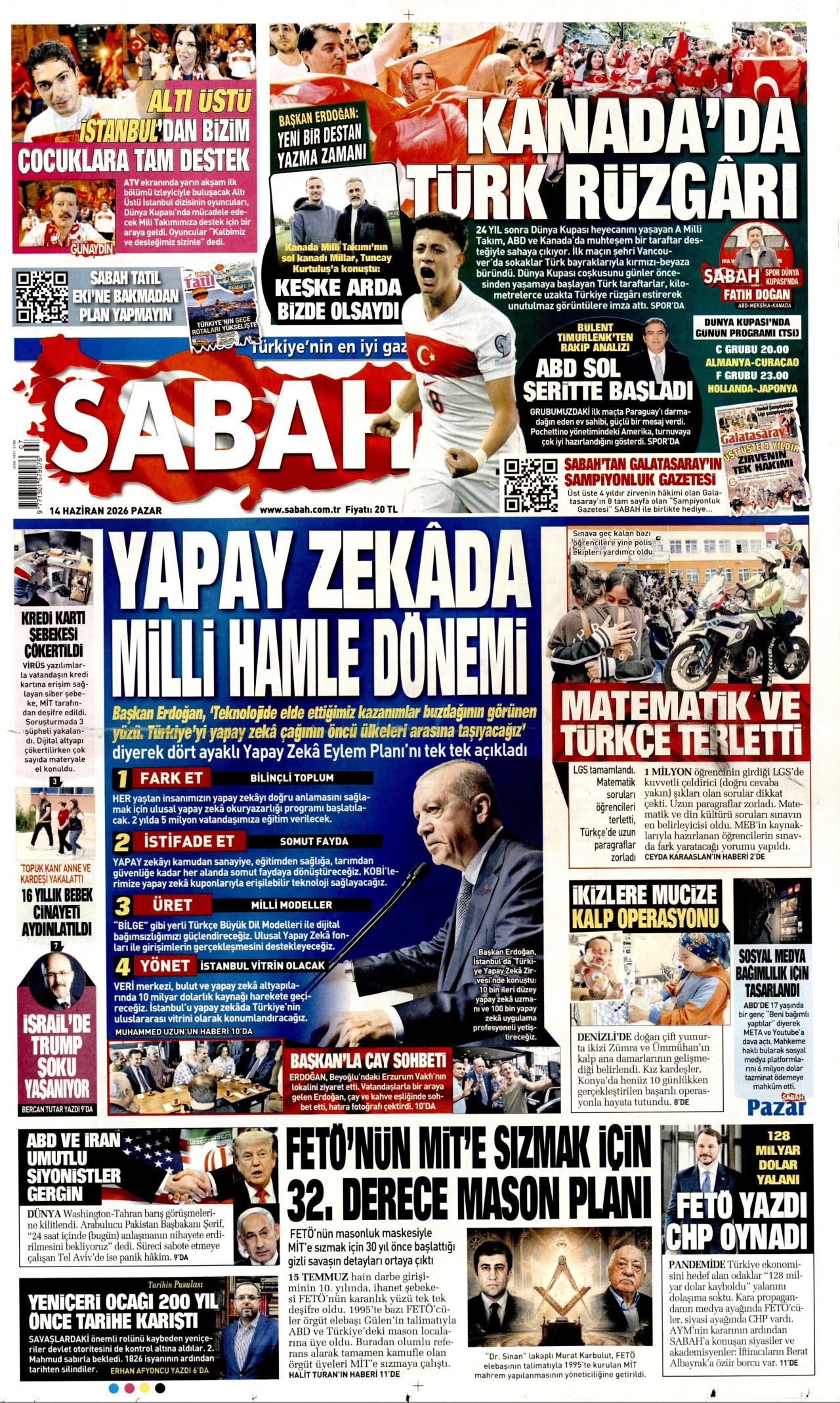 SABAH gazetesinin 14 Haziran 2026 tarihli birinci sayfası