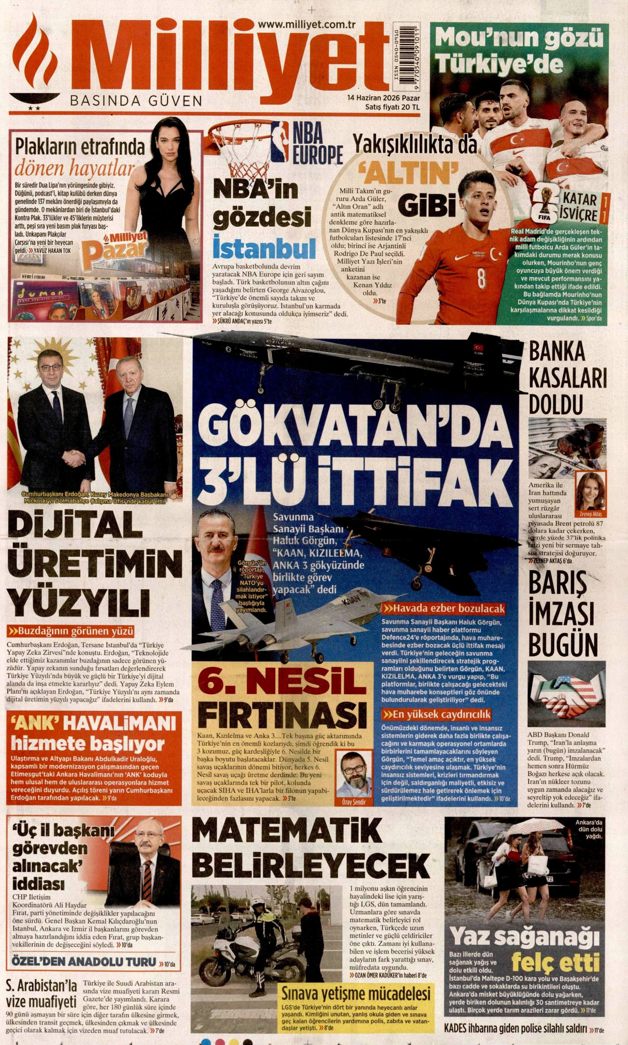 MİLLİYET gazetesinin 14 Haziran 2026 tarihli birinci sayfası