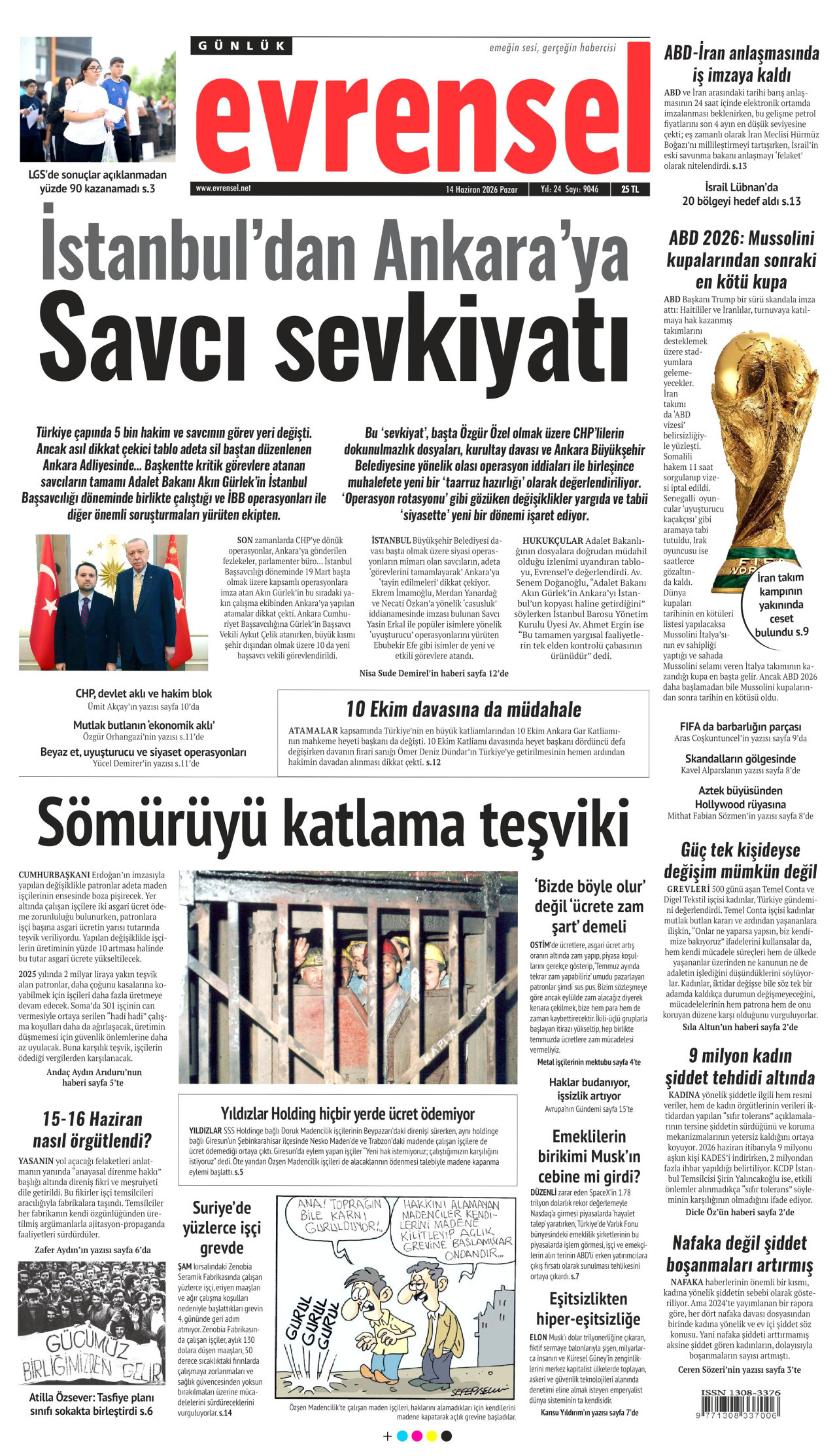 EVRENSEL gazetesinin 14 Haziran 2026 tarihli birinci sayfası