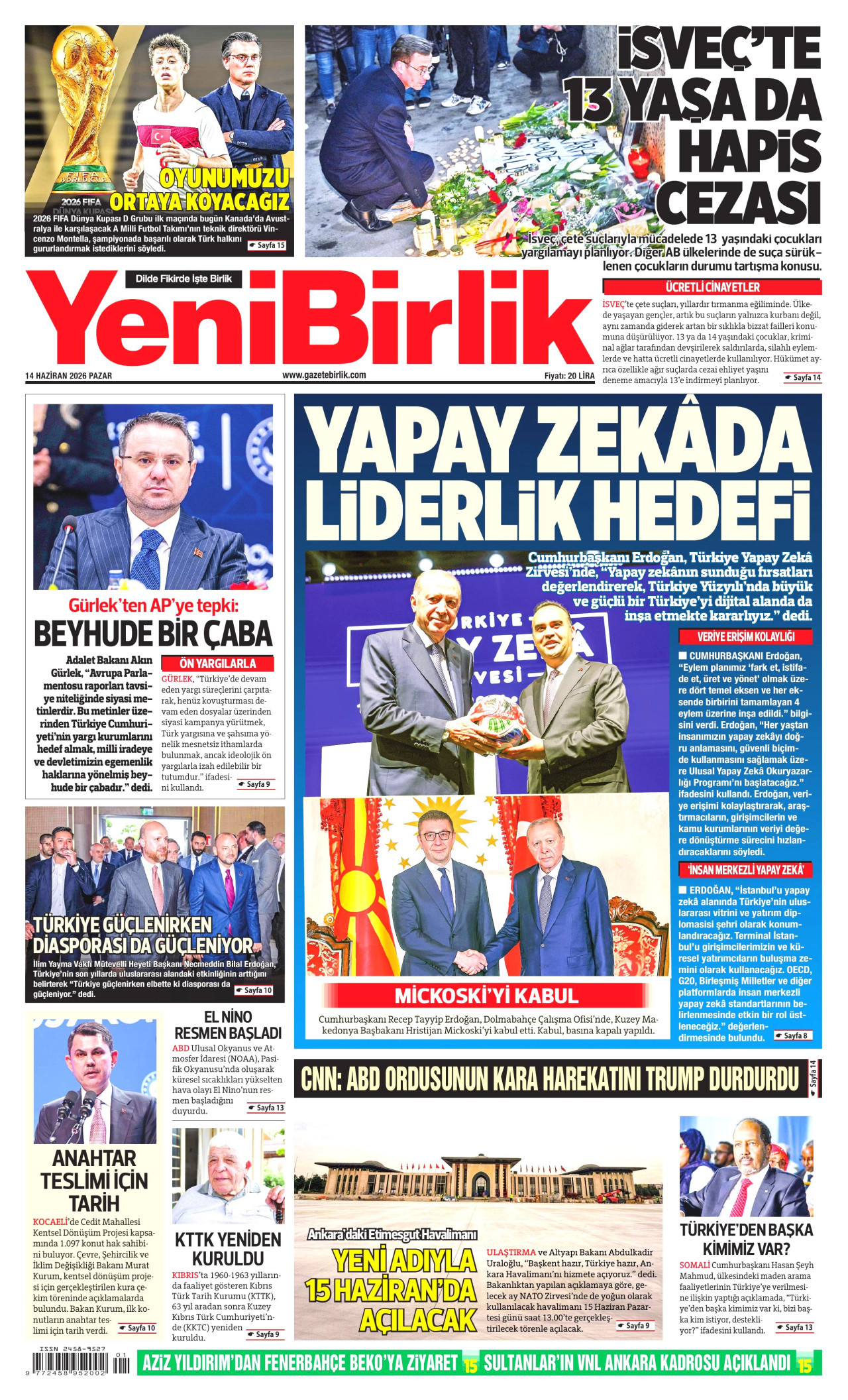 YENİBİRLİK gazetesinin 14 Haziran 2026 tarihli birinci sayfası