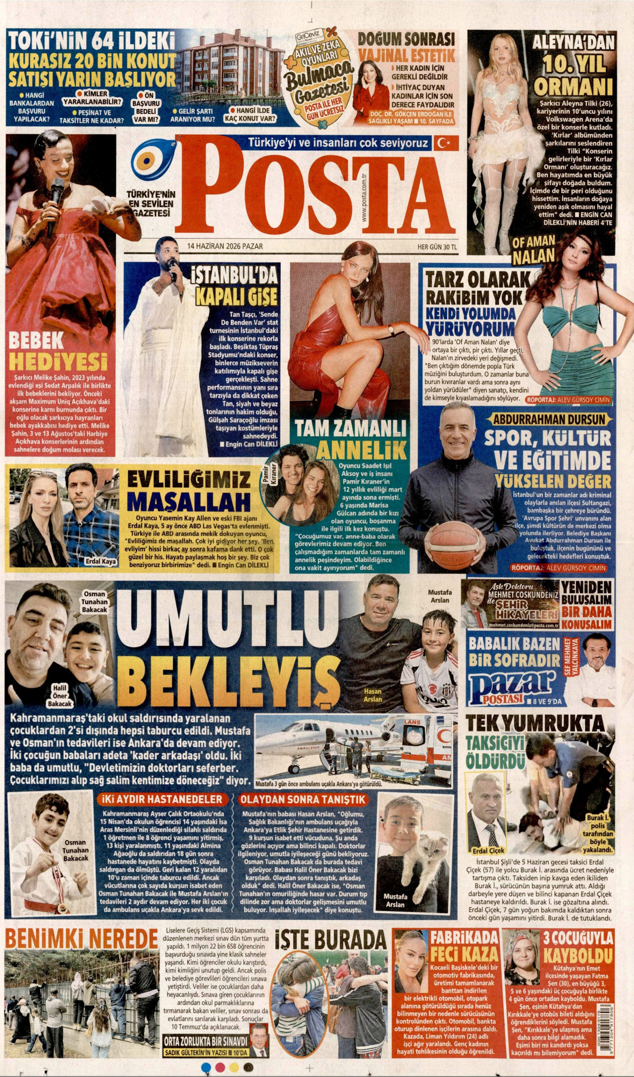 POSTA gazetesinin 14 Haziran 2026 tarihli birinci sayfası