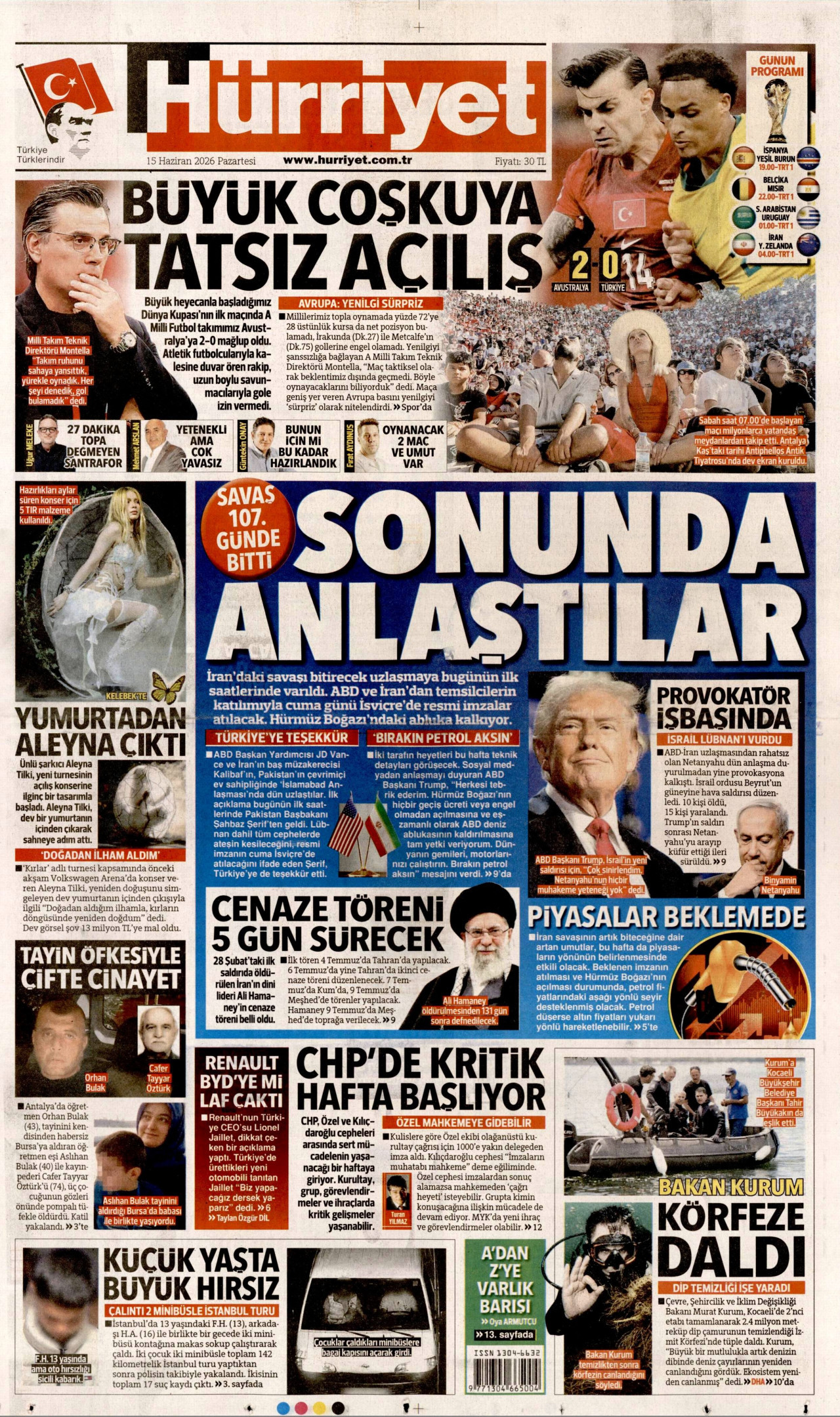 HÜRRİYET gazetesinin 15 Haziran 2026 tarihli birinci sayfası