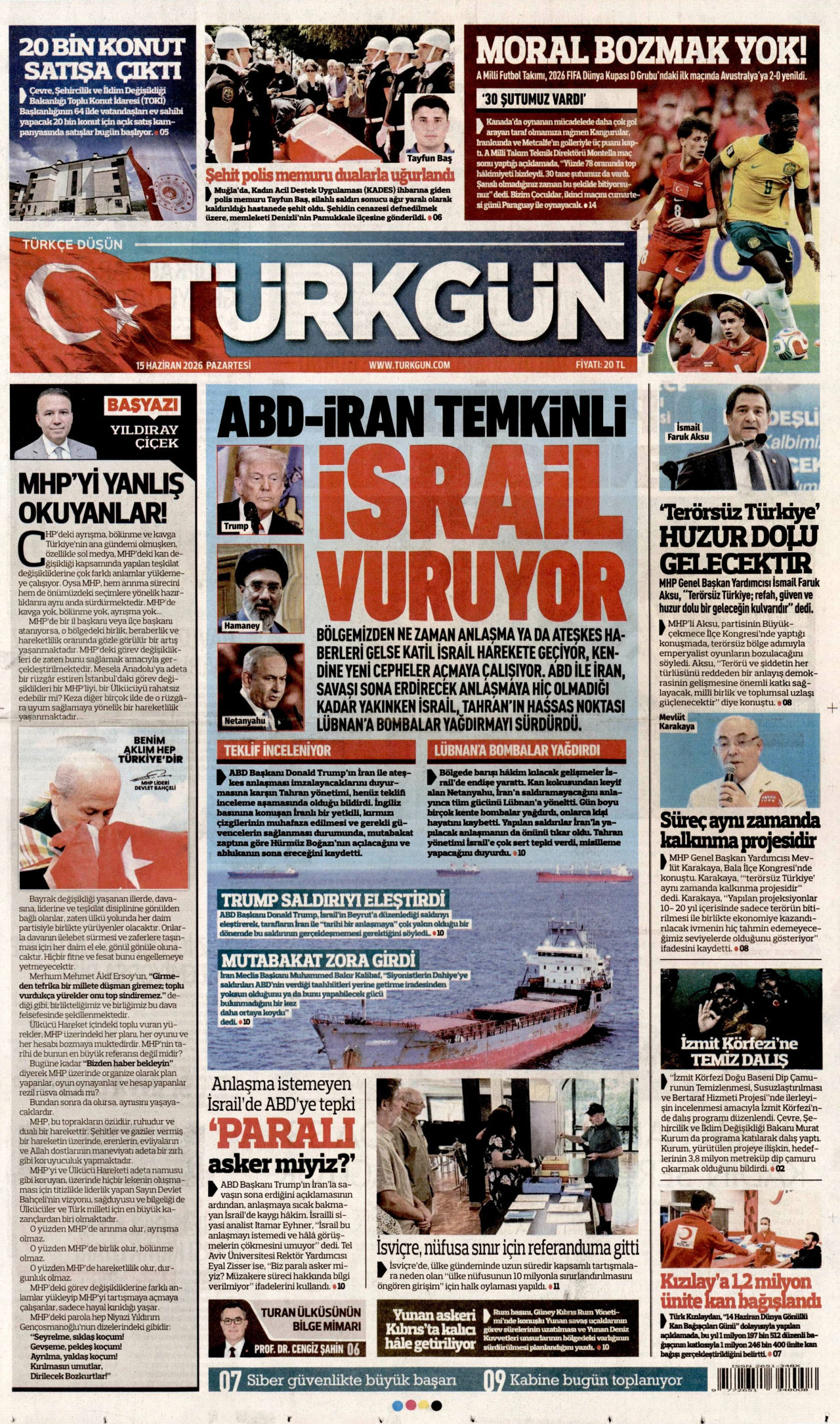 TÜRKGÜN gazetesinin 15 Haziran 2026 tarihli birinci sayfası