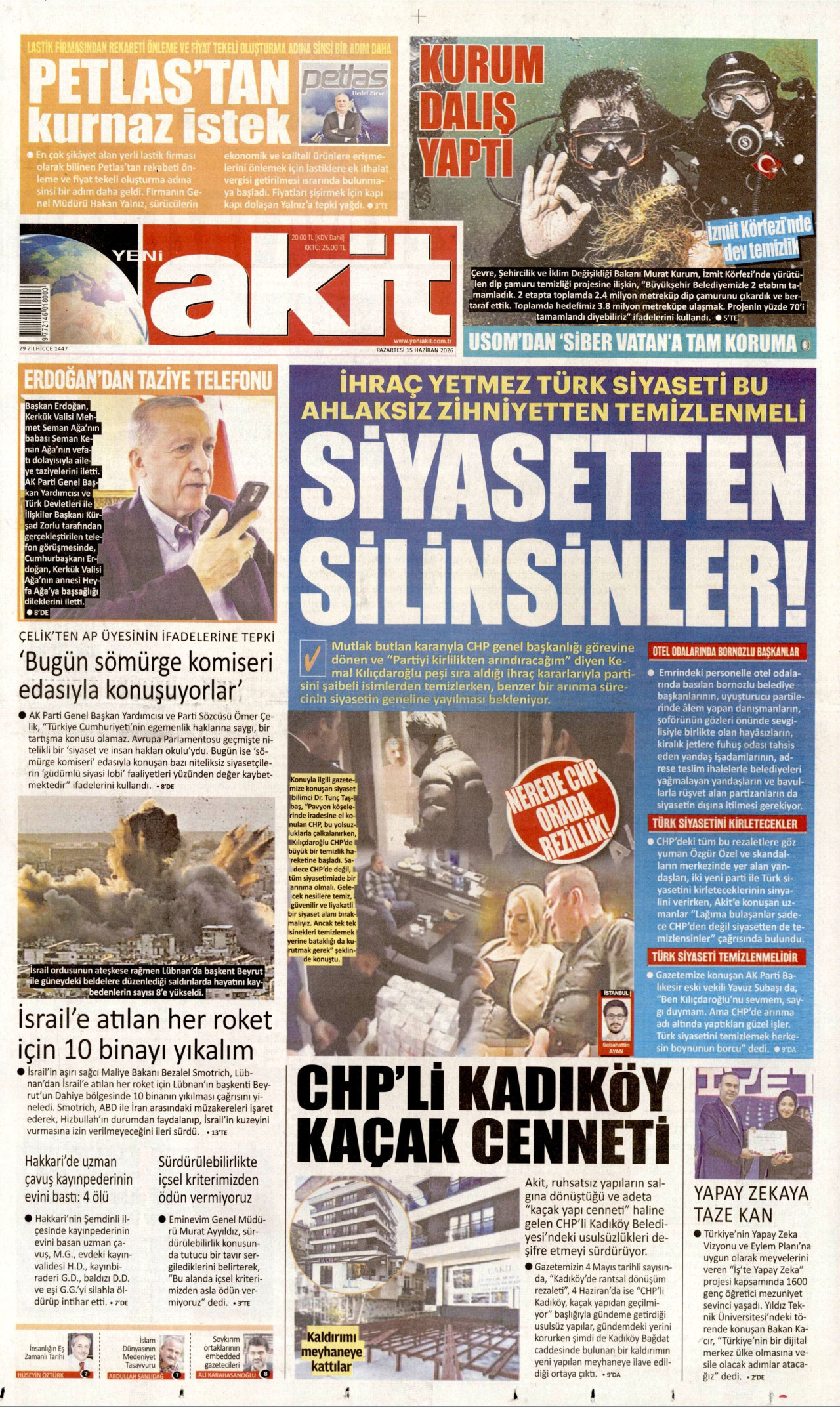 YENİ AKİT gazetesinin 15 Haziran 2026 tarihli birinci sayfası