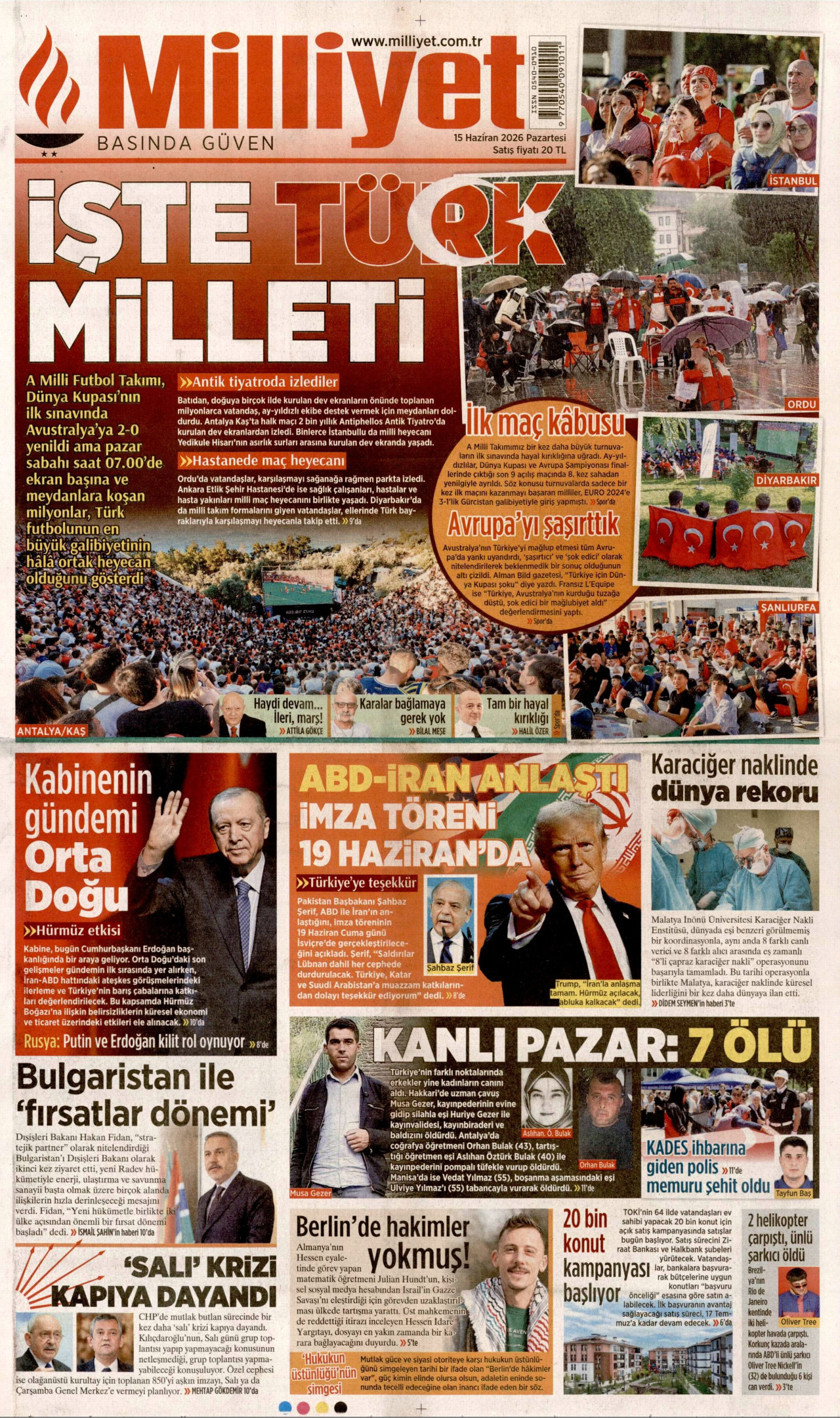 MİLLİYET gazetesinin 15 Haziran 2026 tarihli birinci sayfası