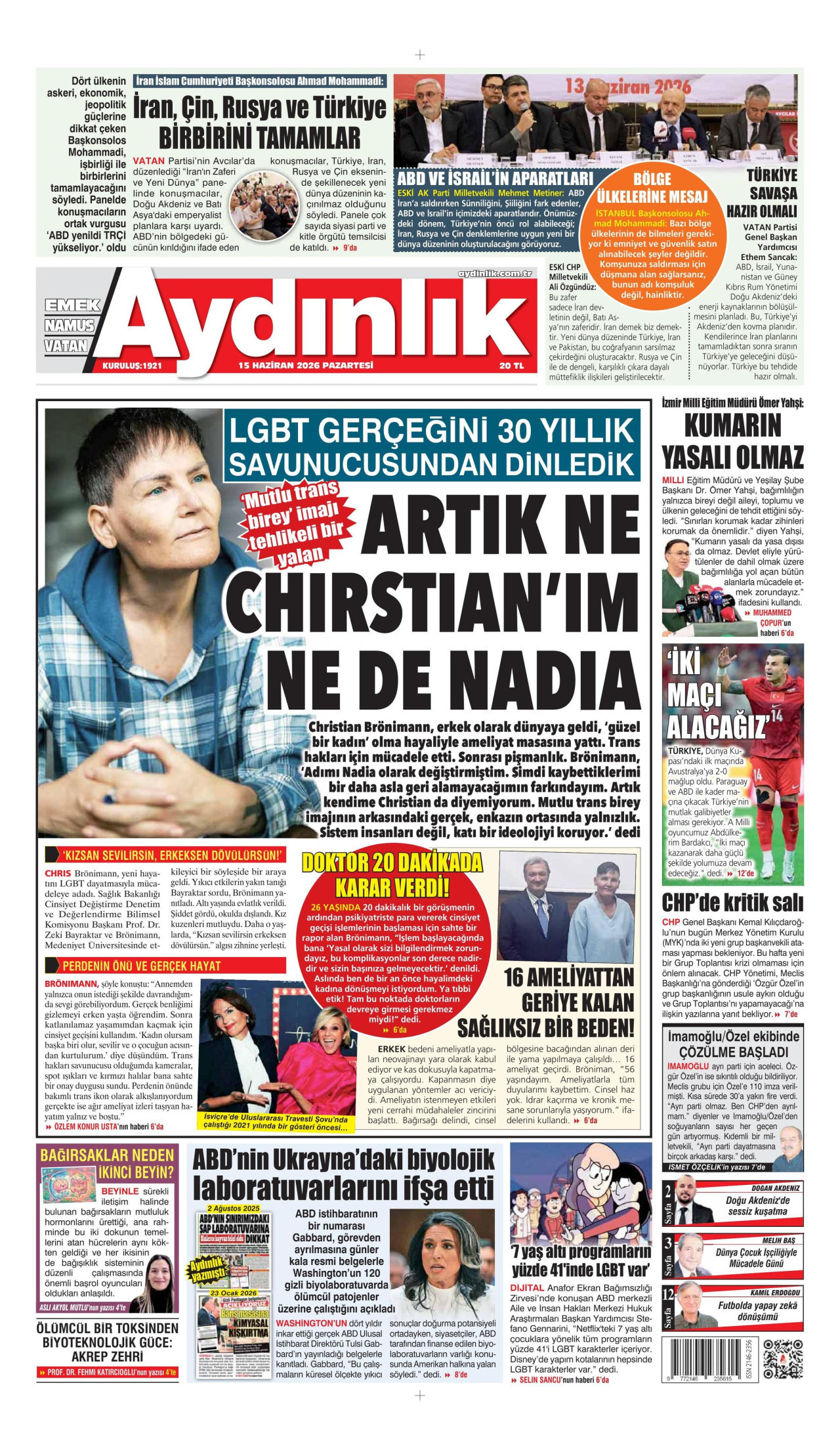AYDINLIK GAZETESİ gazetesinin 15 Haziran 2026 tarihli birinci sayfası