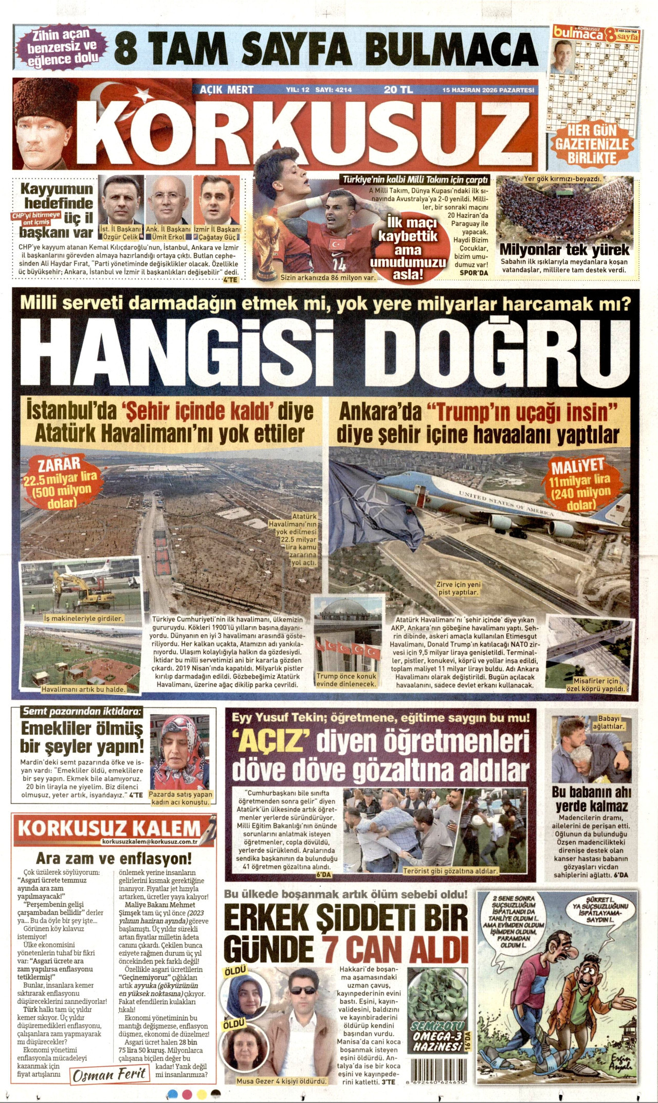 KORKUSUZ gazetesinin 15 Haziran 2026 tarihli birinci sayfası