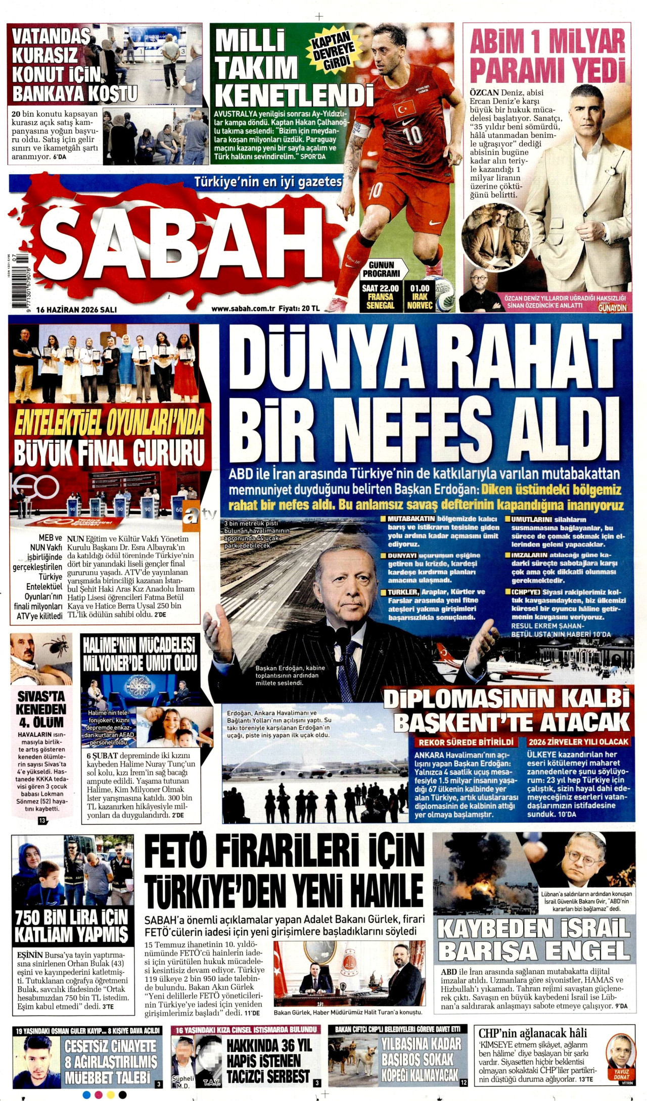 SABAH gazetesinin 16 Haziran 2026 tarihli birinci sayfası