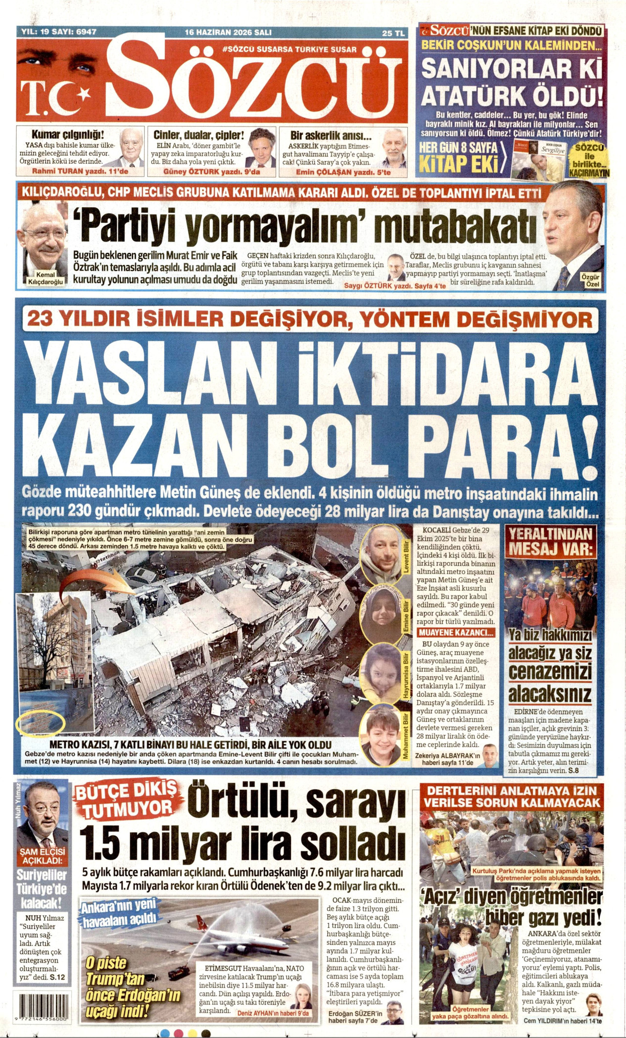SÖZCÜ gazetesinin 16 Haziran 2026 tarihli birinci sayfası