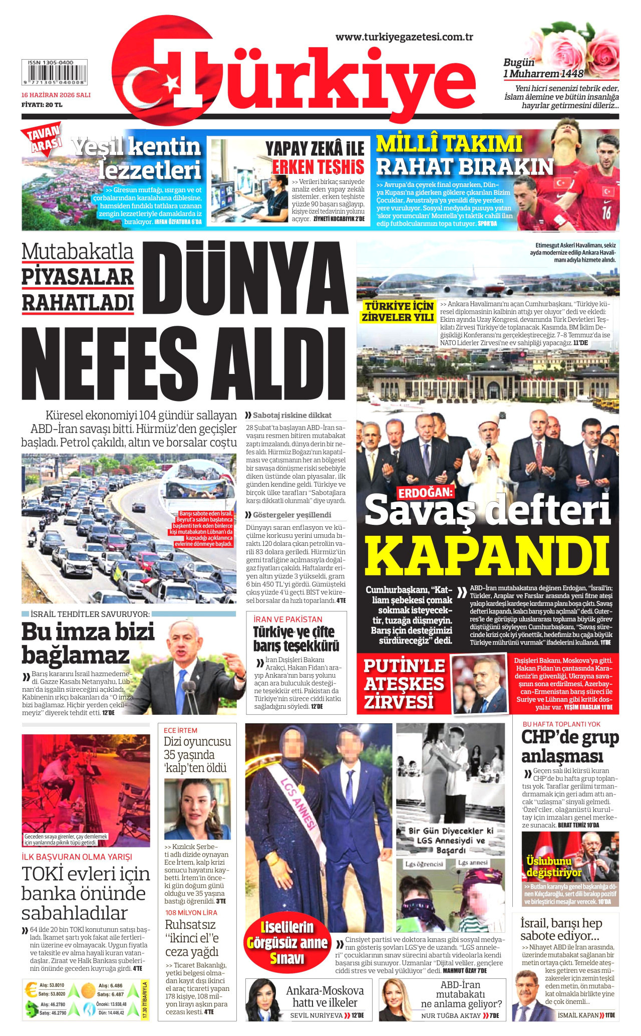 TÜRKİYE GAZETESİ gazetesinin 16 Haziran 2026 tarihli birinci sayfası