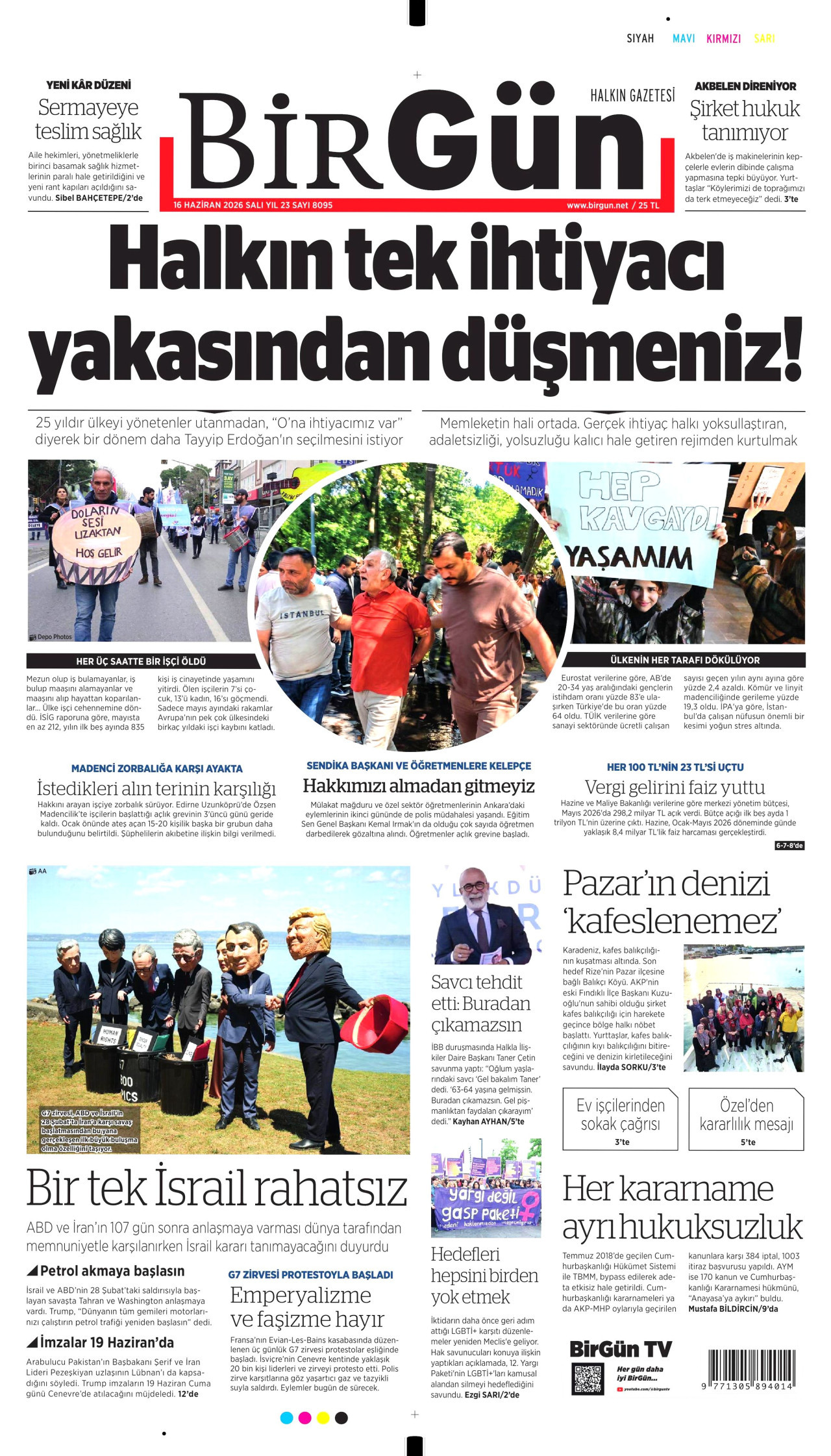 BİRGÜN gazetesinin 16 Haziran 2026 tarihli birinci sayfası