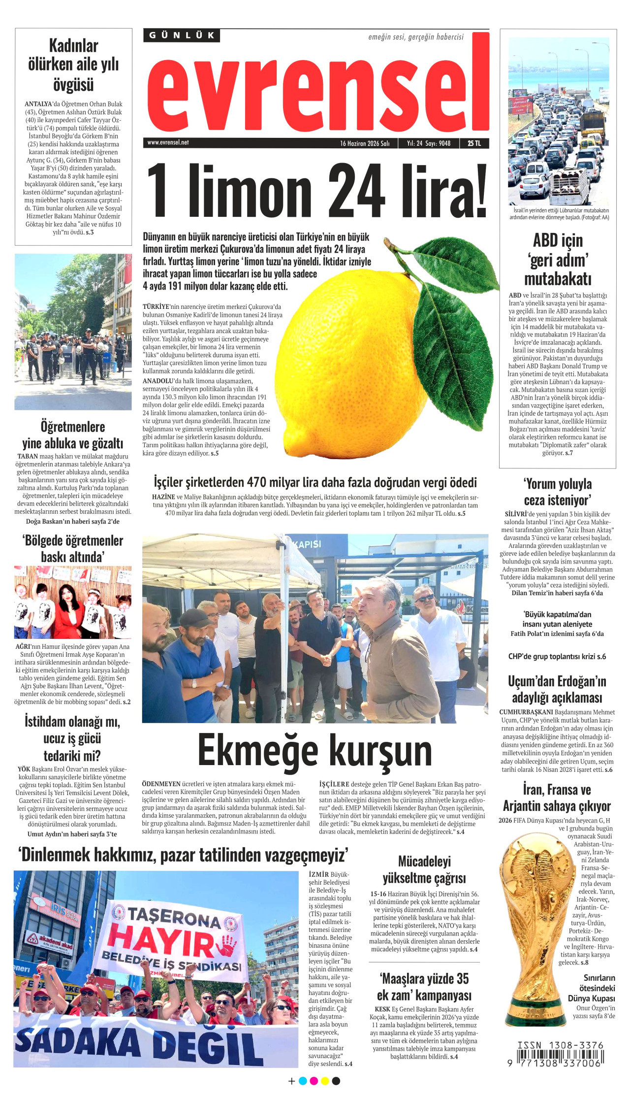 EVRENSEL gazetesinin 16 Haziran 2026 tarihli birinci sayfası