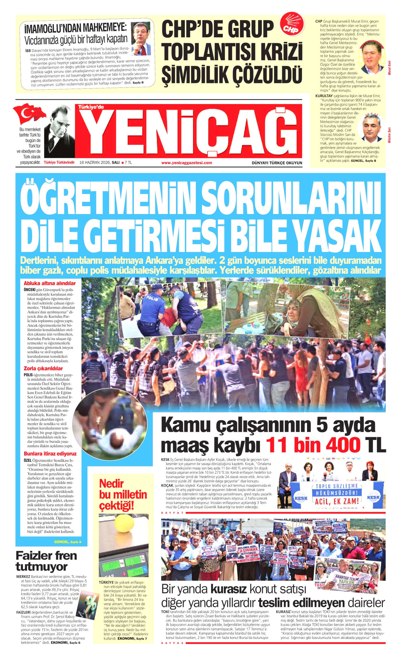 YENİÇAĞ gazetesinin 16 Haziran 2026 tarihli birinci sayfası