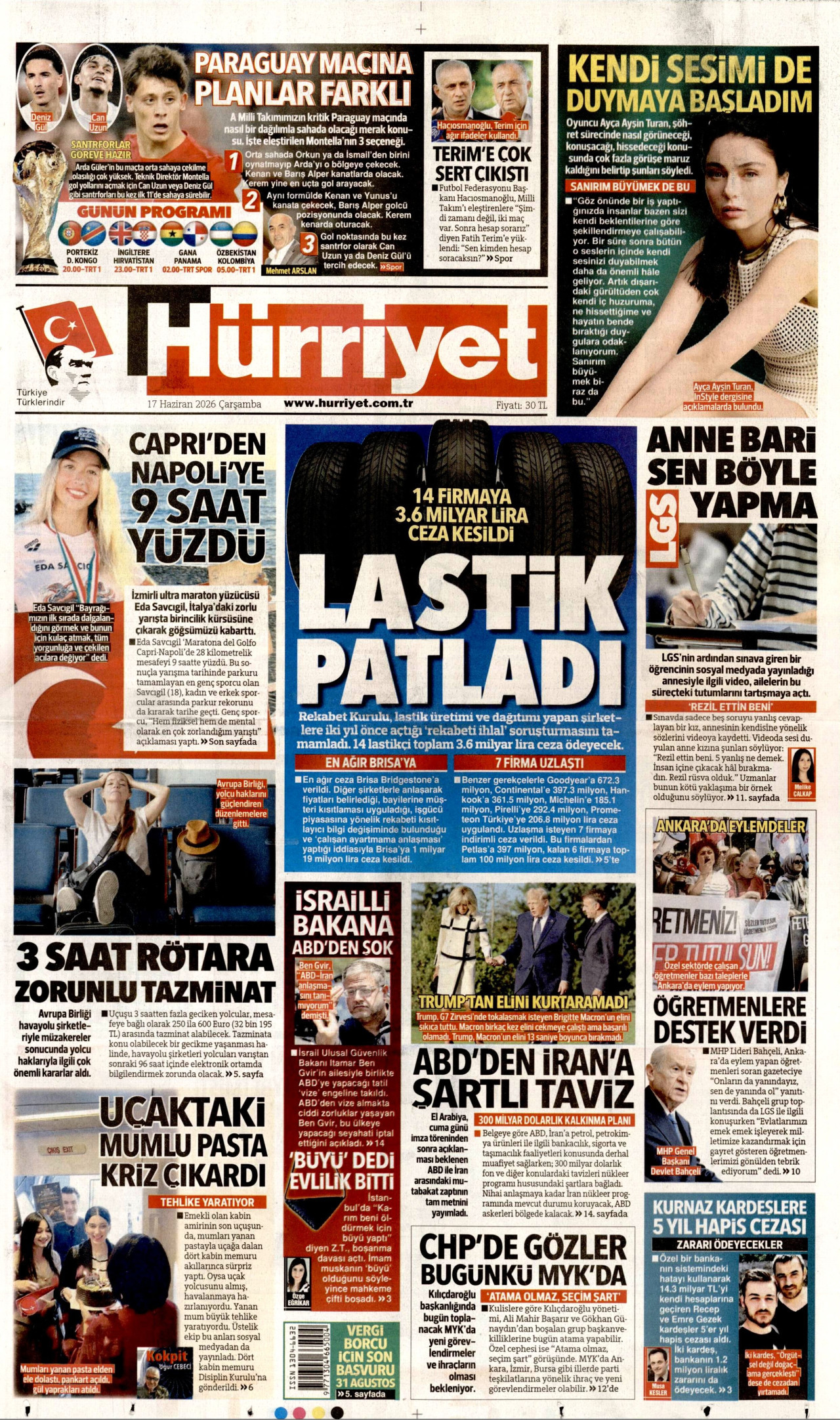 HÜRRİYET gazetesinin 17 Haziran 2026 tarihli birinci sayfası