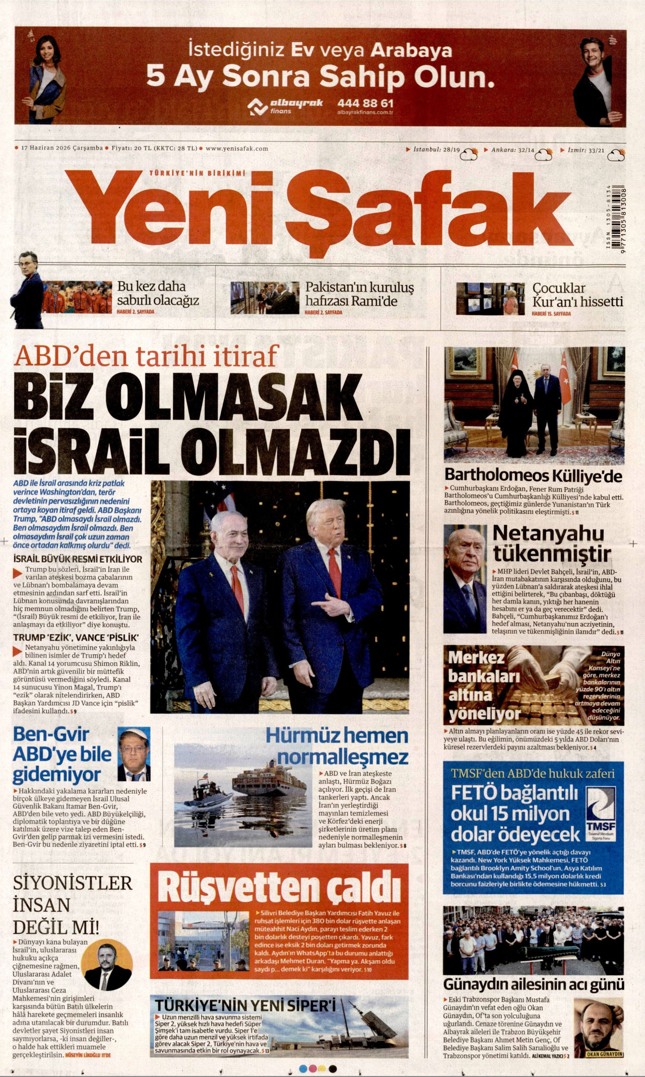 YENİ ŞAFAK gazetesinin 17 Haziran 2026 tarihli birinci sayfası