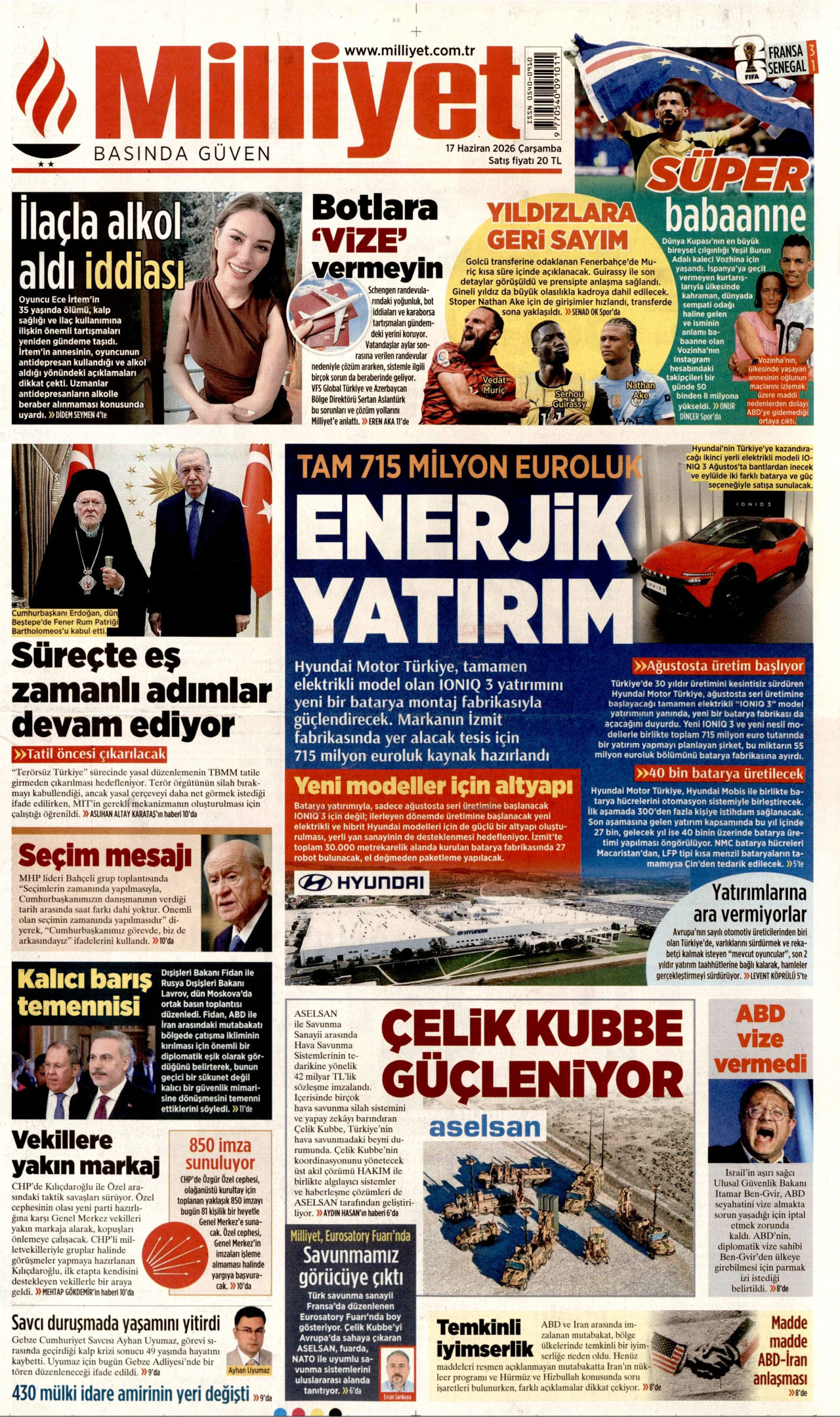 MİLLİYET gazetesinin 17 Haziran 2026 tarihli birinci sayfası