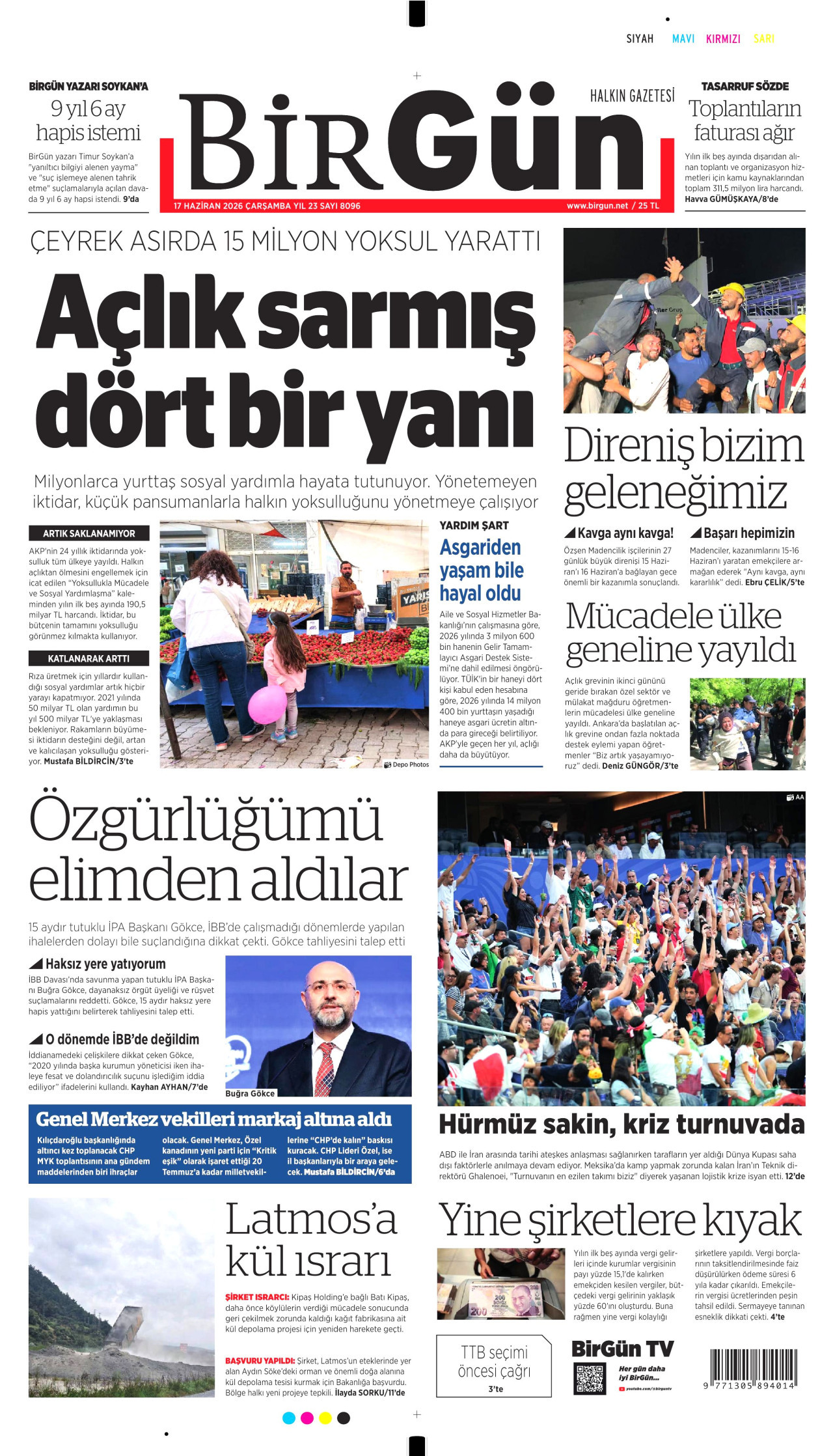 BİRGÜN gazetesinin 17 Haziran 2026 tarihli birinci sayfası