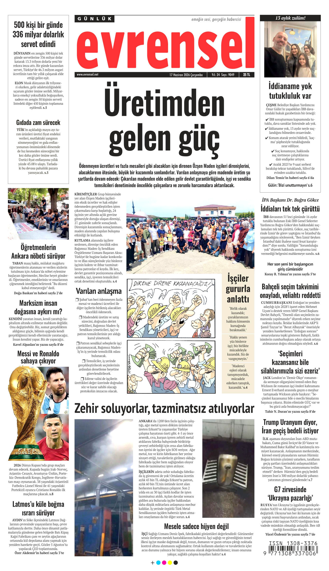 EVRENSEL gazetesinin 17 Haziran 2026 tarihli birinci sayfası