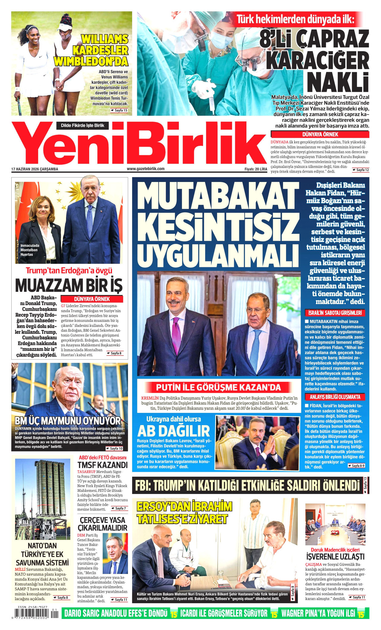 YENİBİRLİK gazetesinin 17 Haziran 2026 tarihli birinci sayfası