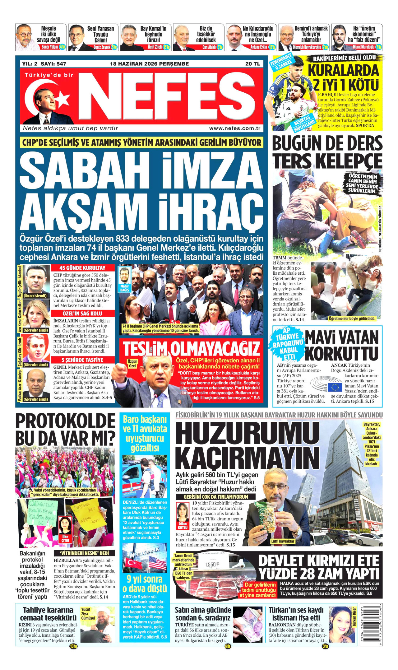 NEFES gazetesinin 18 Haziran 2026 tarihli birinci sayfası