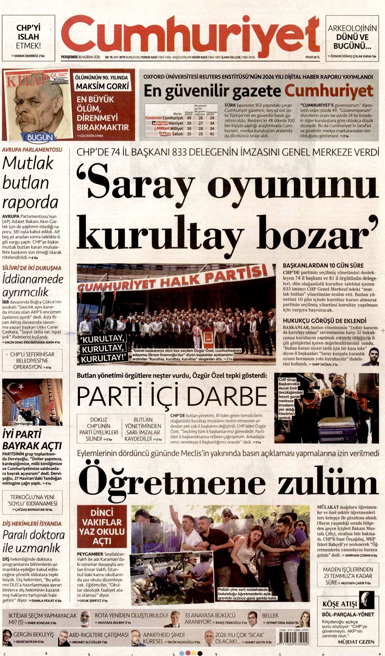 CUMHURİYET gazetesinin 18 Haziran 2026 tarihli birinci sayfası