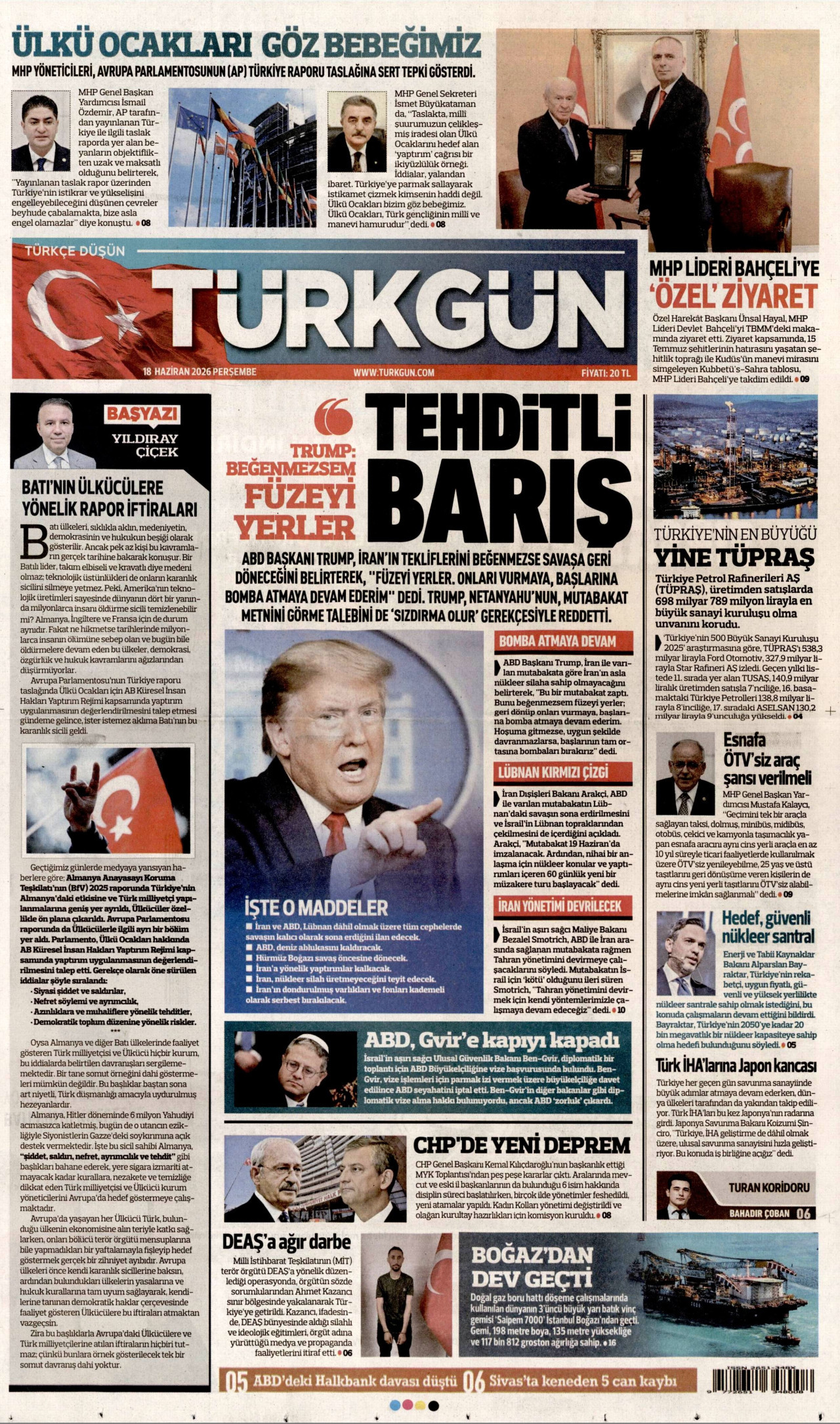 TÜRKGÜN gazetesinin 18 Haziran 2026 tarihli birinci sayfası