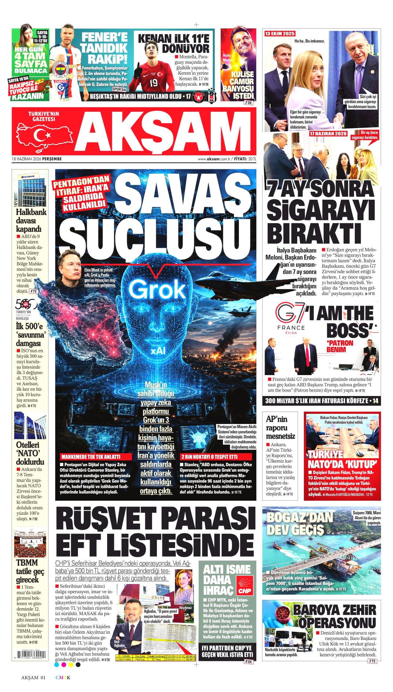 AKŞAM gazetesinin 18 Haziran 2026 tarihli birinci sayfası