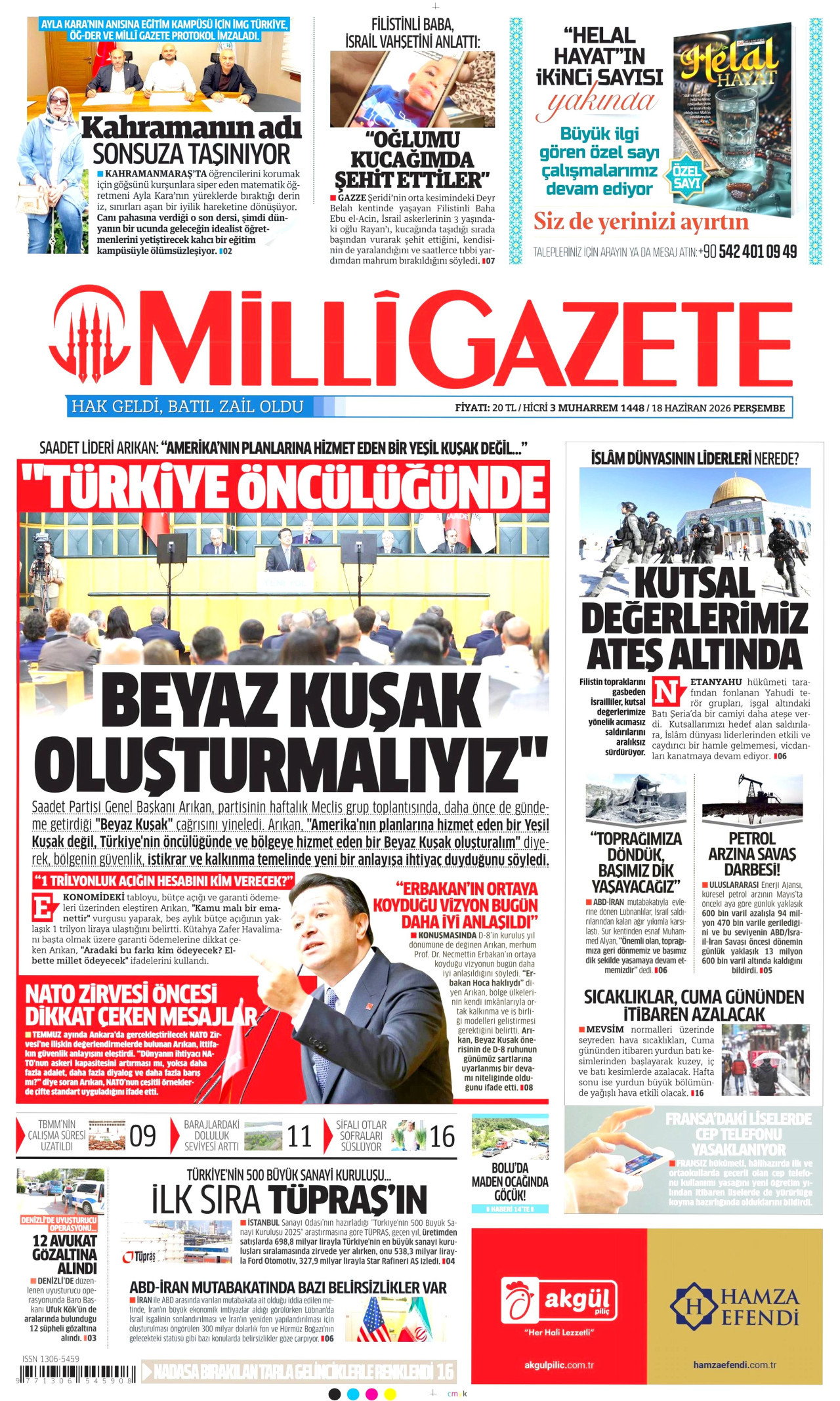MİLLİ GAZETE gazetesinin 18 Haziran 2026 tarihli birinci sayfası