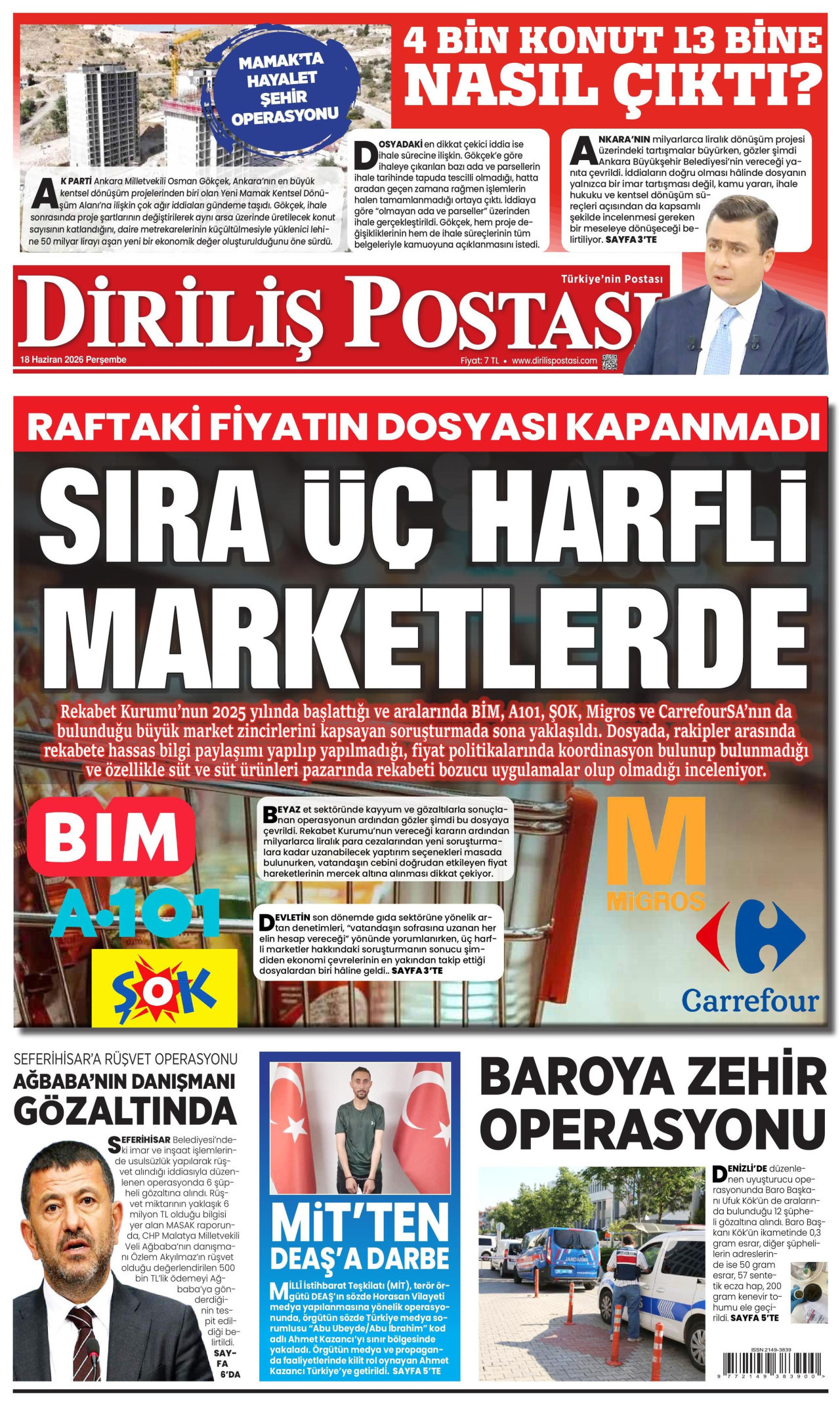 DİRİLİŞ POSTASI gazetesinin 18 Haziran 2026 tarihli birinci sayfası