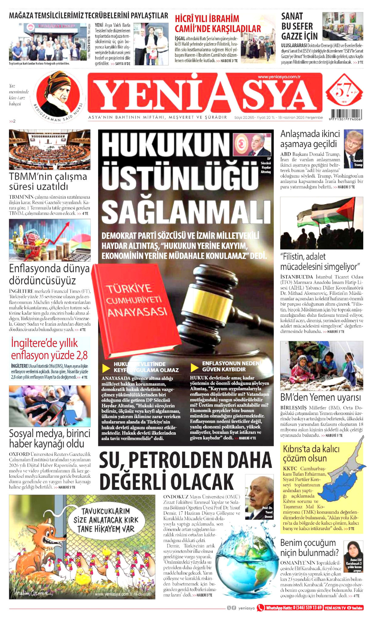 YENİ ASYA gazetesinin 18 Haziran 2026 tarihli birinci sayfası