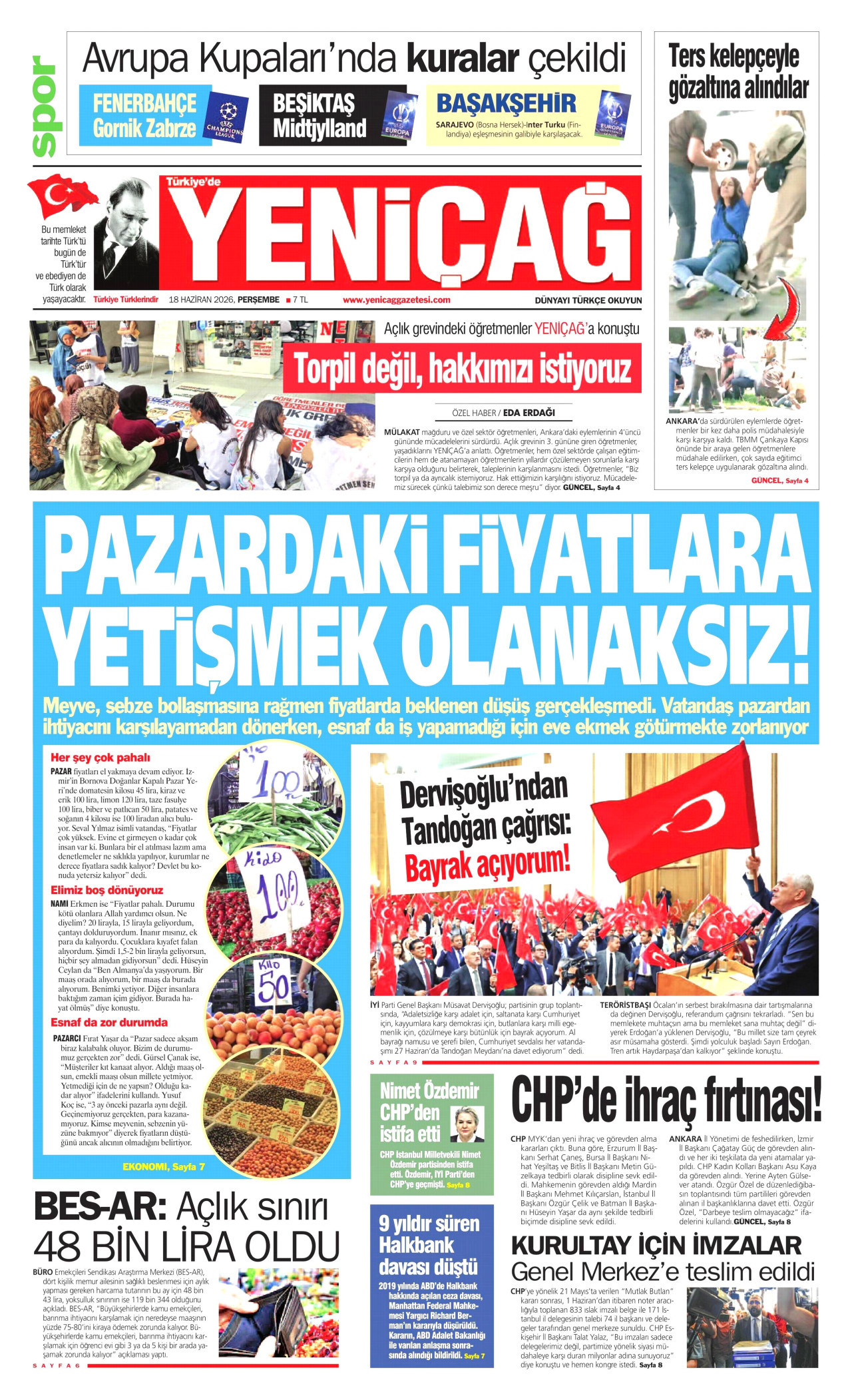 YENİÇAĞ gazetesinin 18 Haziran 2026 tarihli birinci sayfası