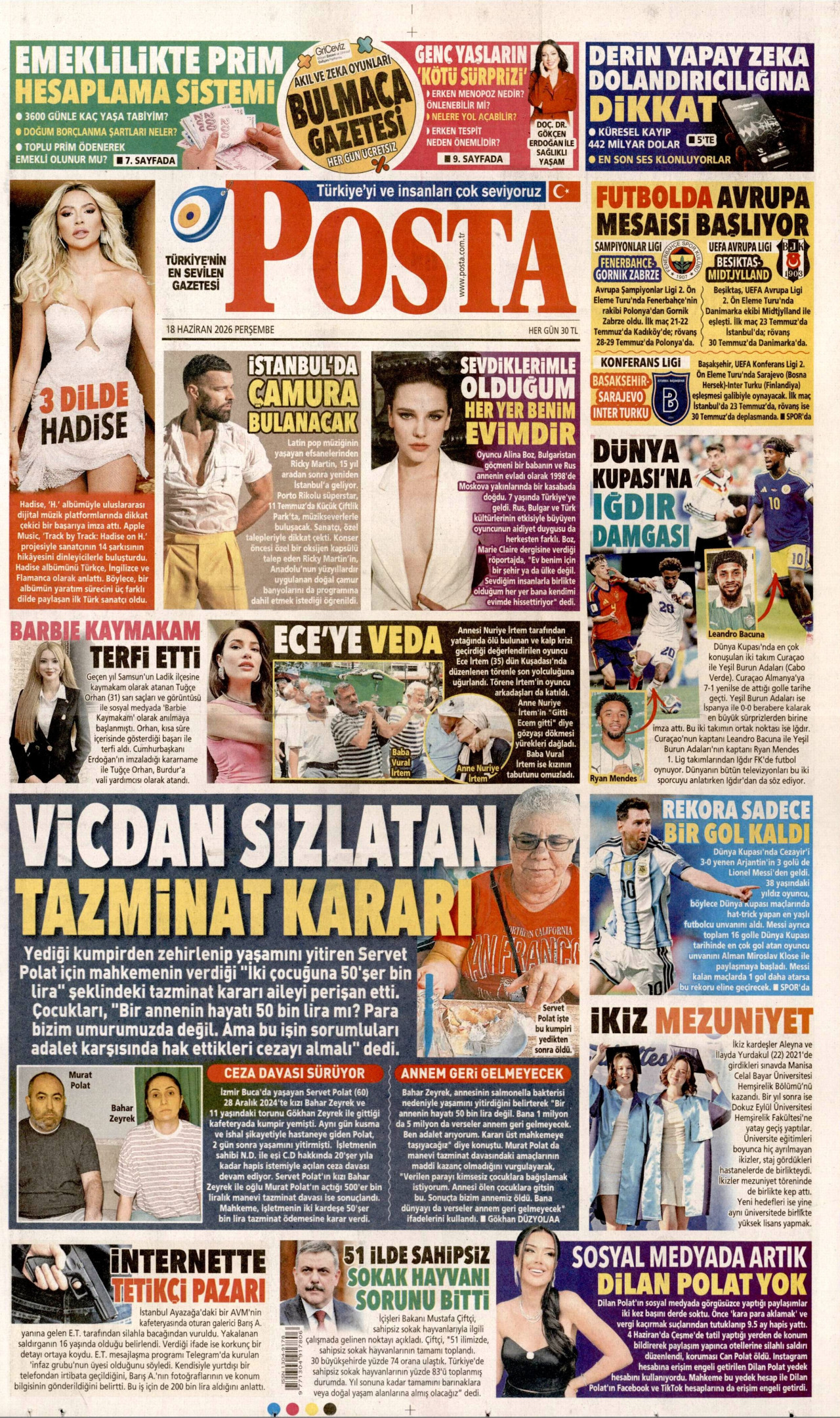 POSTA gazetesinin 18 Haziran 2026 tarihli birinci sayfası
