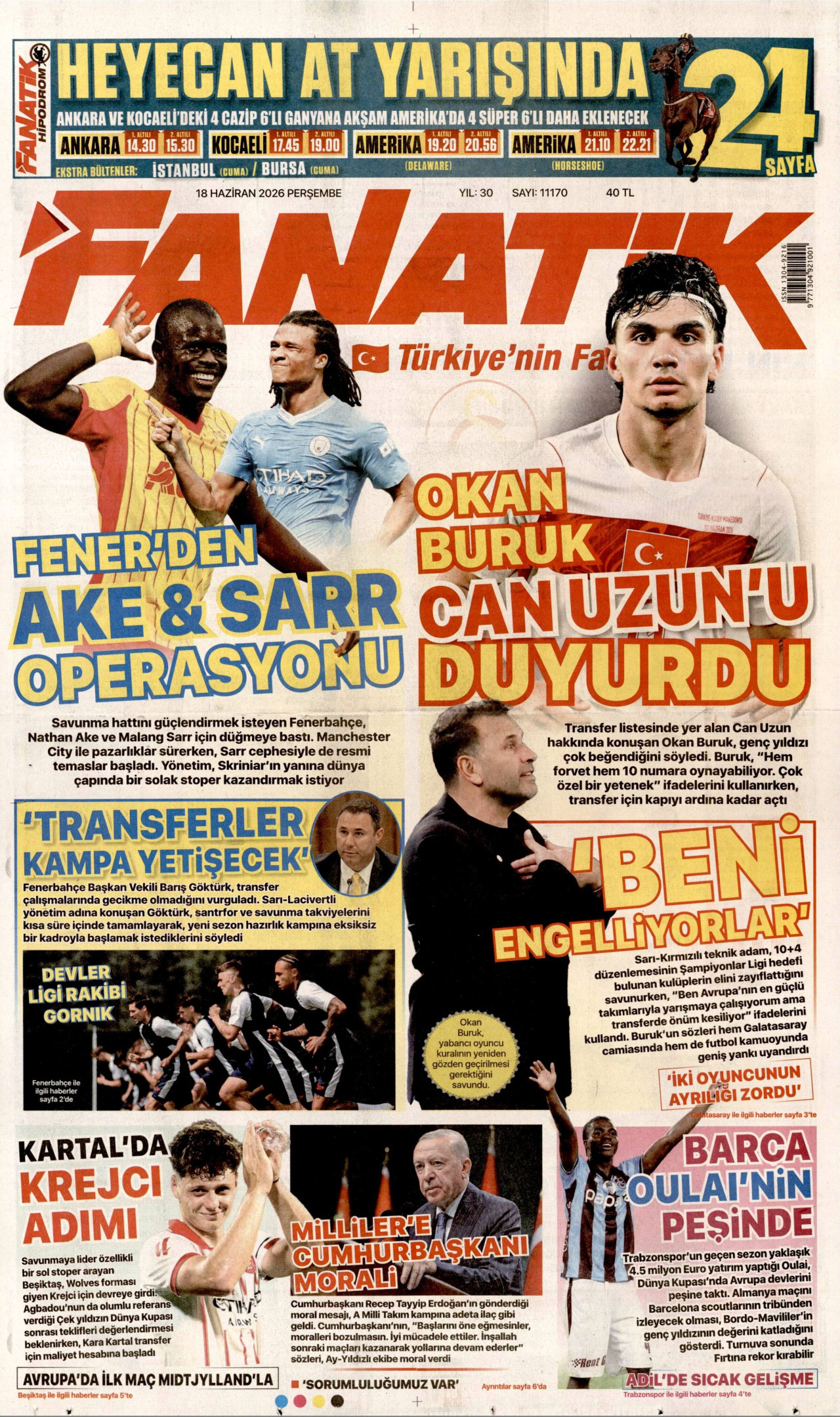 FANATİK gazetesinin 18 Haziran 2026 tarihli birinci sayfası