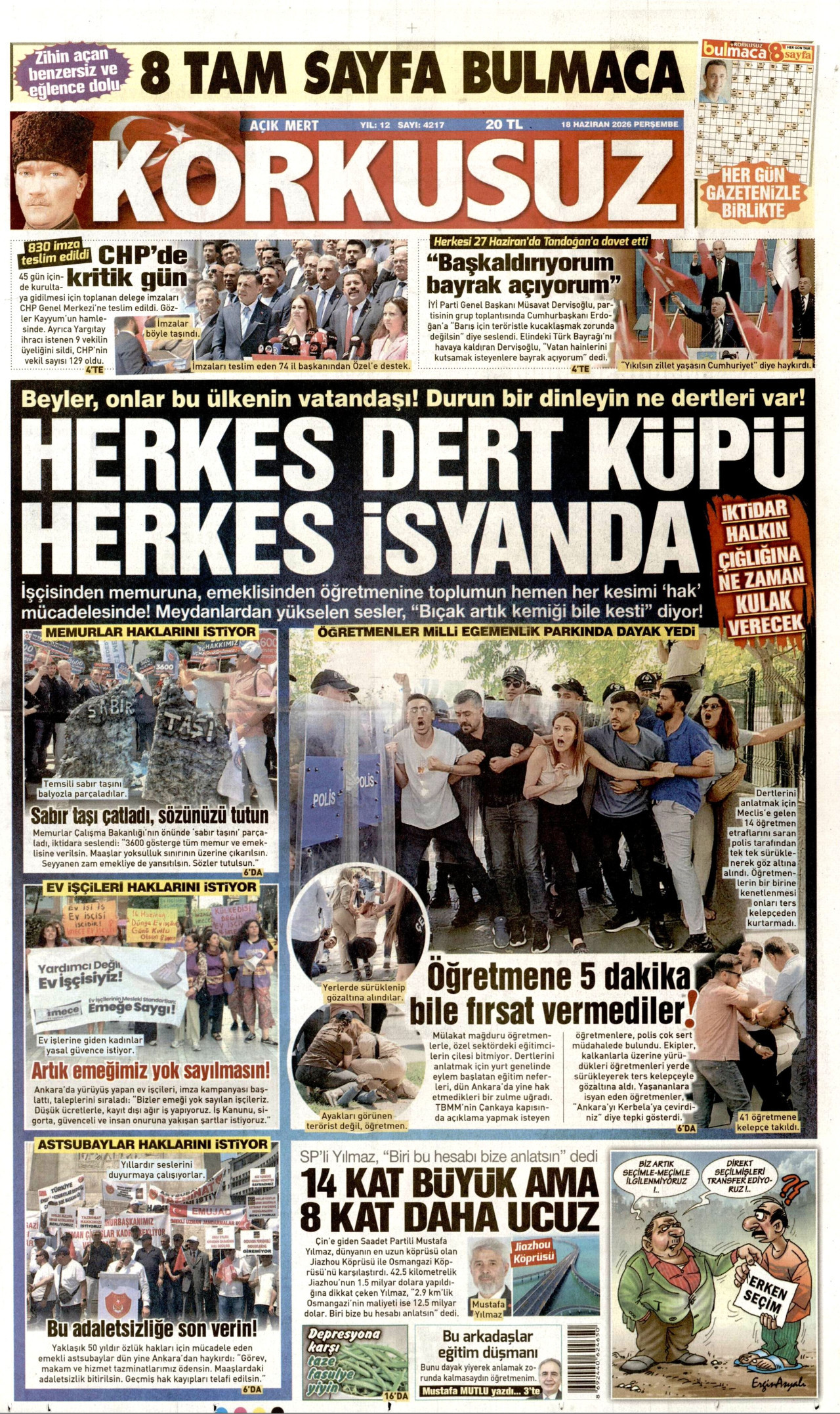 KORKUSUZ gazetesinin 18 Haziran 2026 tarihli birinci sayfası