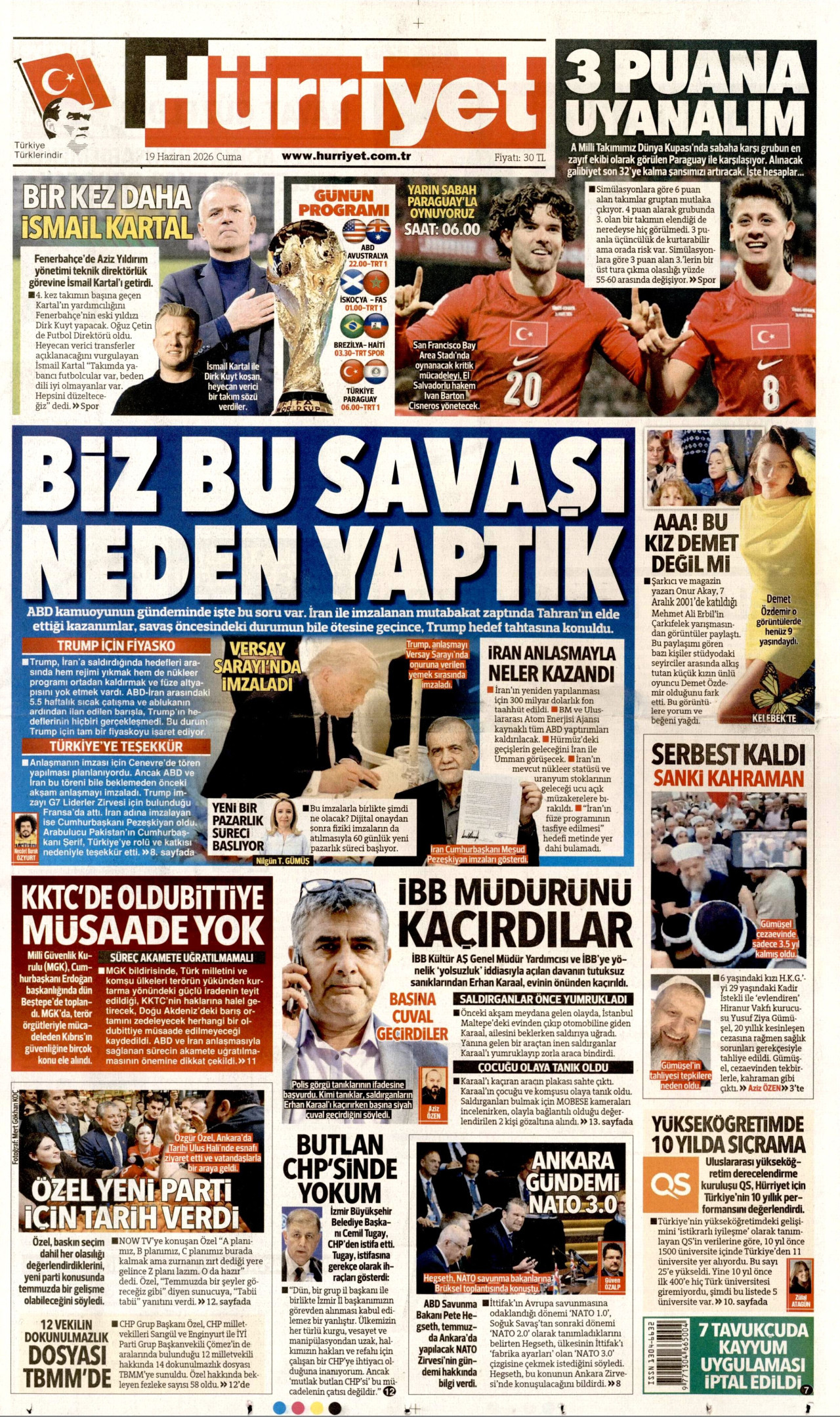 HÜRRİYET gazetesinin 19 Haziran 2026 tarihli birinci sayfası