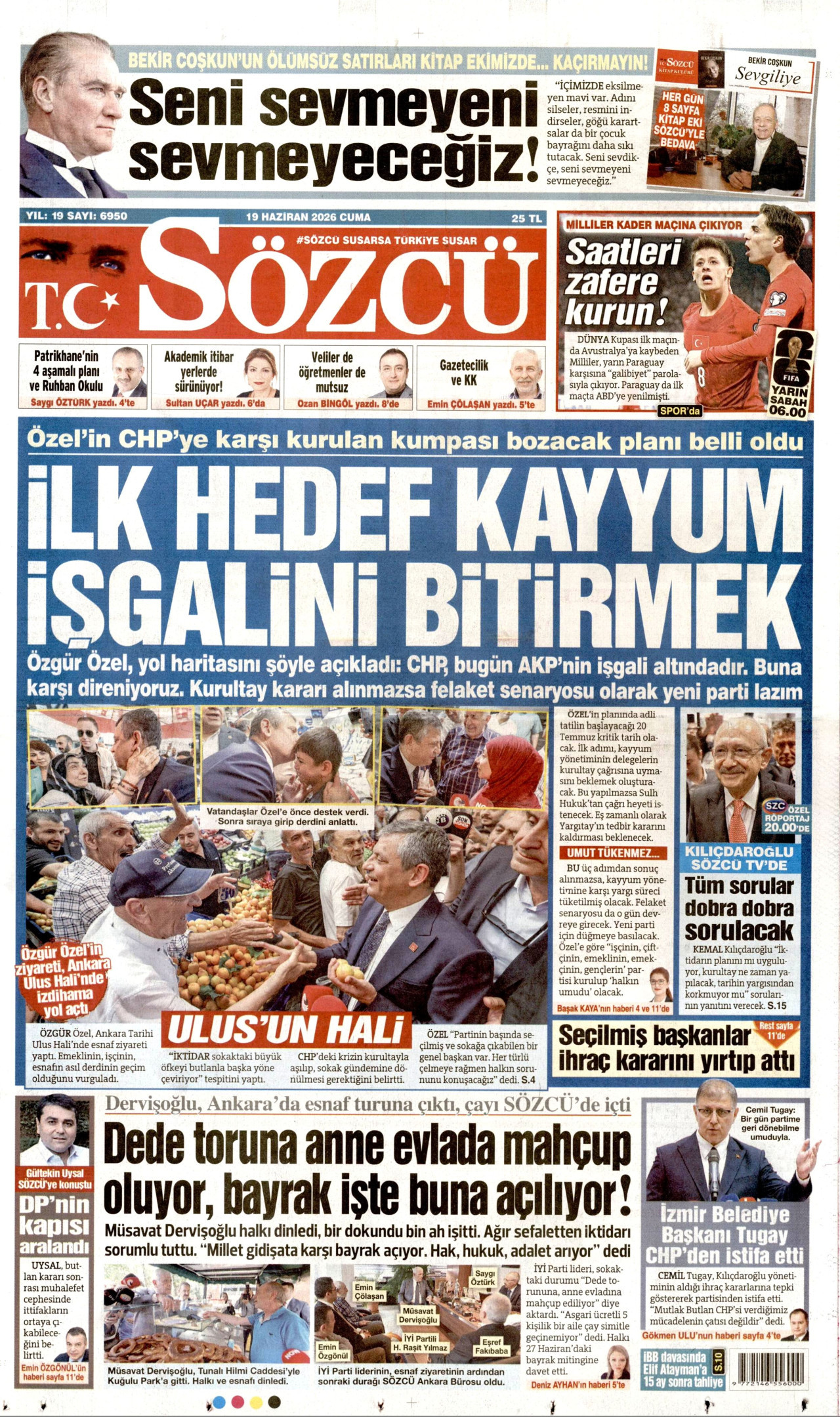 SÖZCÜ gazetesinin 19 Haziran 2026 tarihli birinci sayfası