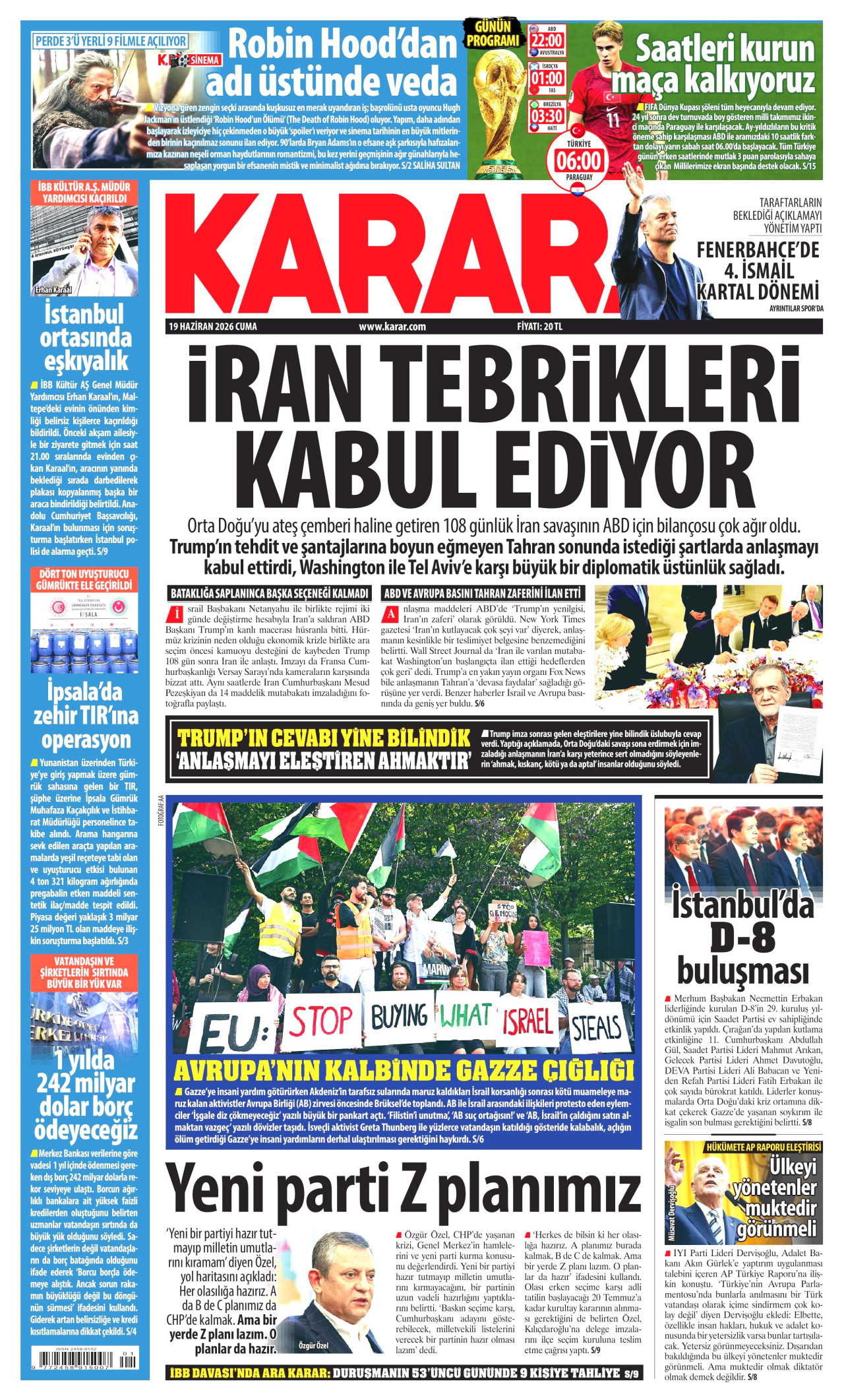 KARAR gazetesinin 19 Haziran 2026 tarihli birinci sayfası