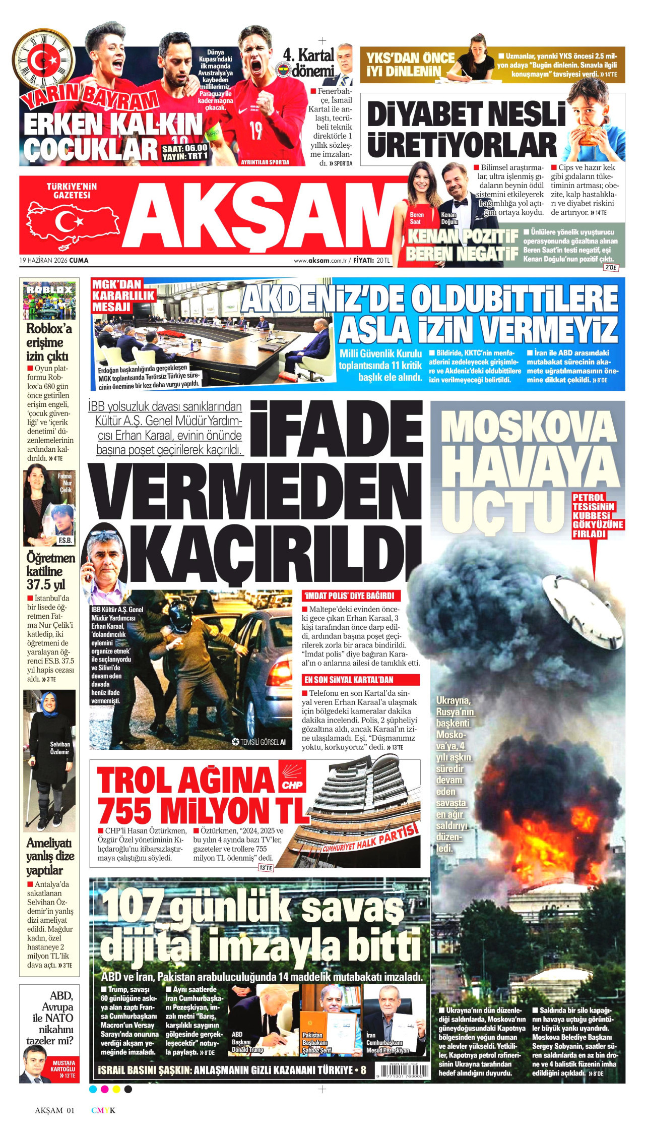AKŞAM gazetesinin 19 Haziran 2026 tarihli birinci sayfası