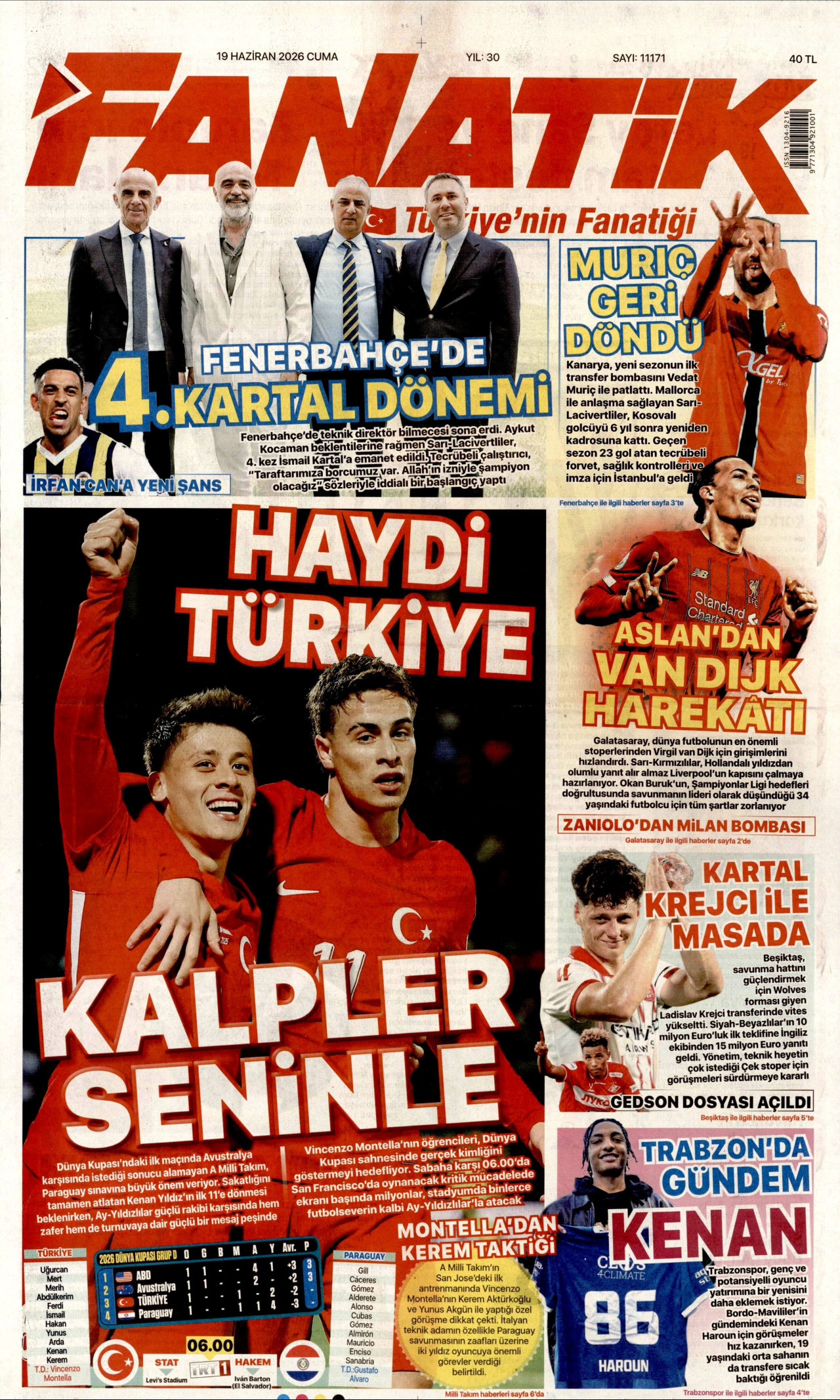 FANATİK gazetesinin 19 Haziran 2026 tarihli birinci sayfası