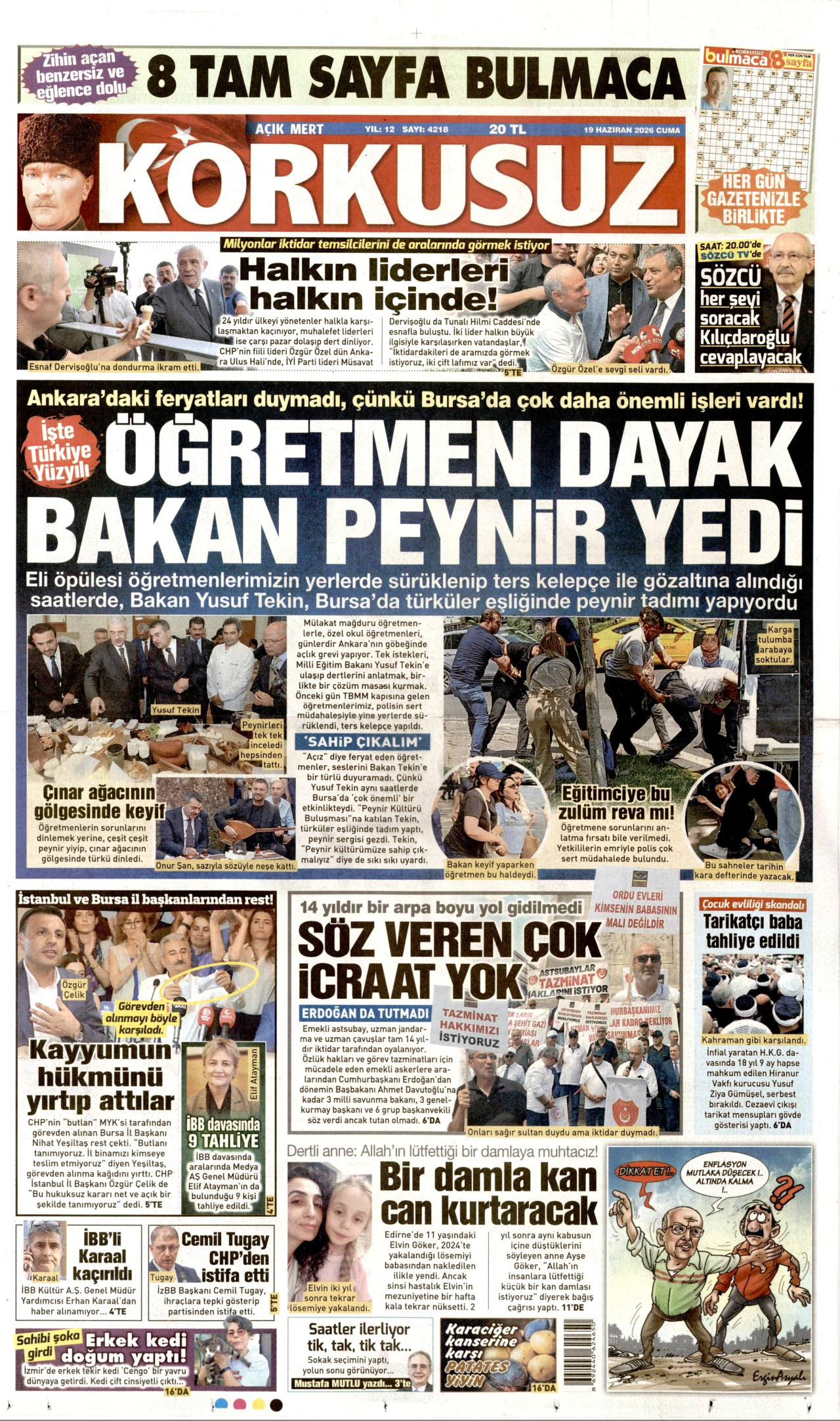 KORKUSUZ gazetesinin 19 Haziran 2026 tarihli birinci sayfası